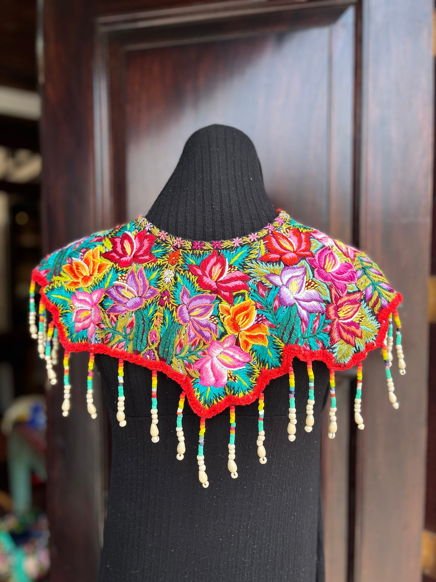 Textile Cape with Beaded Body Chains - "Huipil Capa", Vibrant Flora, Small