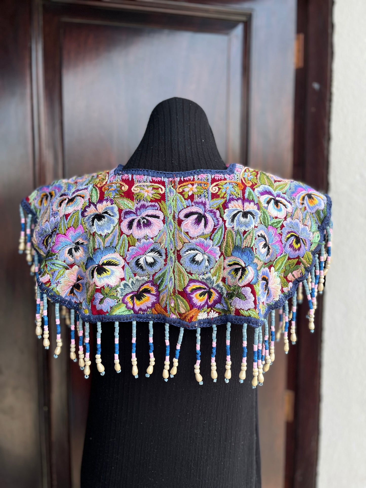 Textile Cape with Beaded Body Chains - "Huipil Capa", Purple Flora