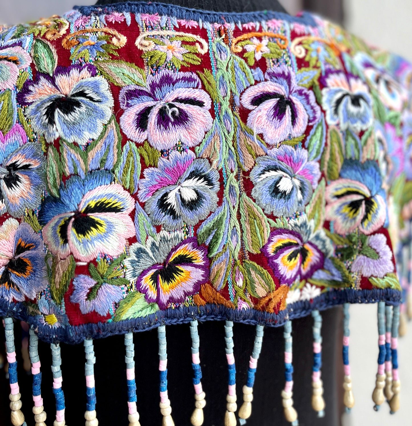 Textile Cape with Beaded Body Chains - "Huipil Capa", Purple Flora