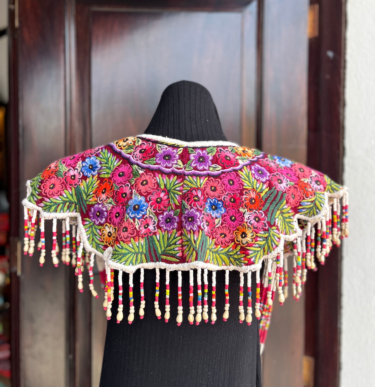 Textile Cape with Beaded Body Chains - "Huipil Capa", Floral