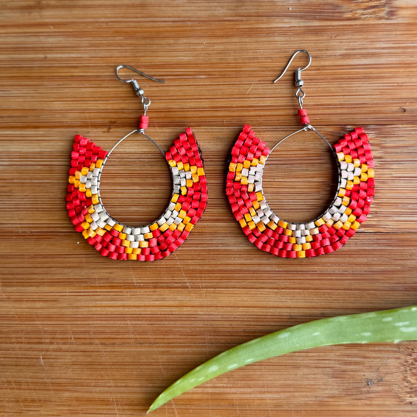 Beaded Crescent Hoop Star Earrings in Natural Ceramic Stone