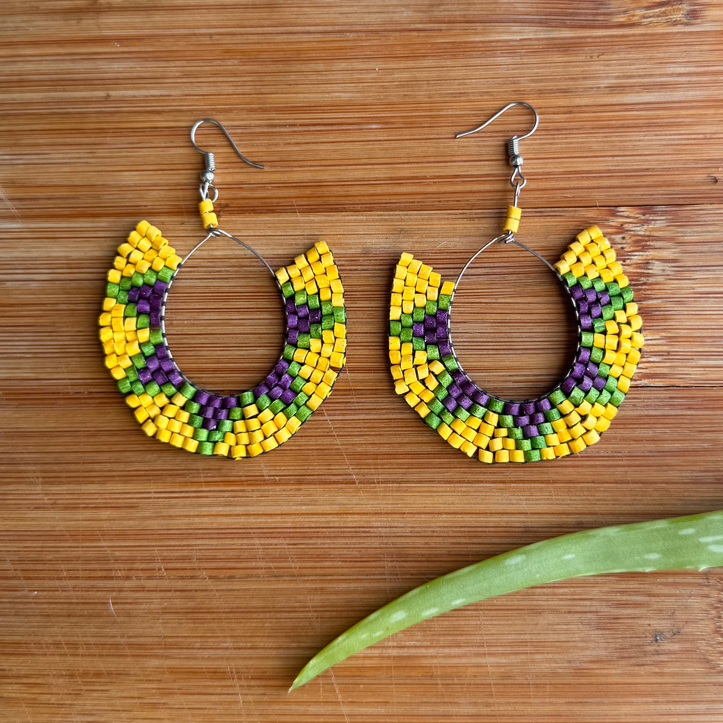 Beaded Crescent Hoop Star Earrings in Natural Ceramic Stone