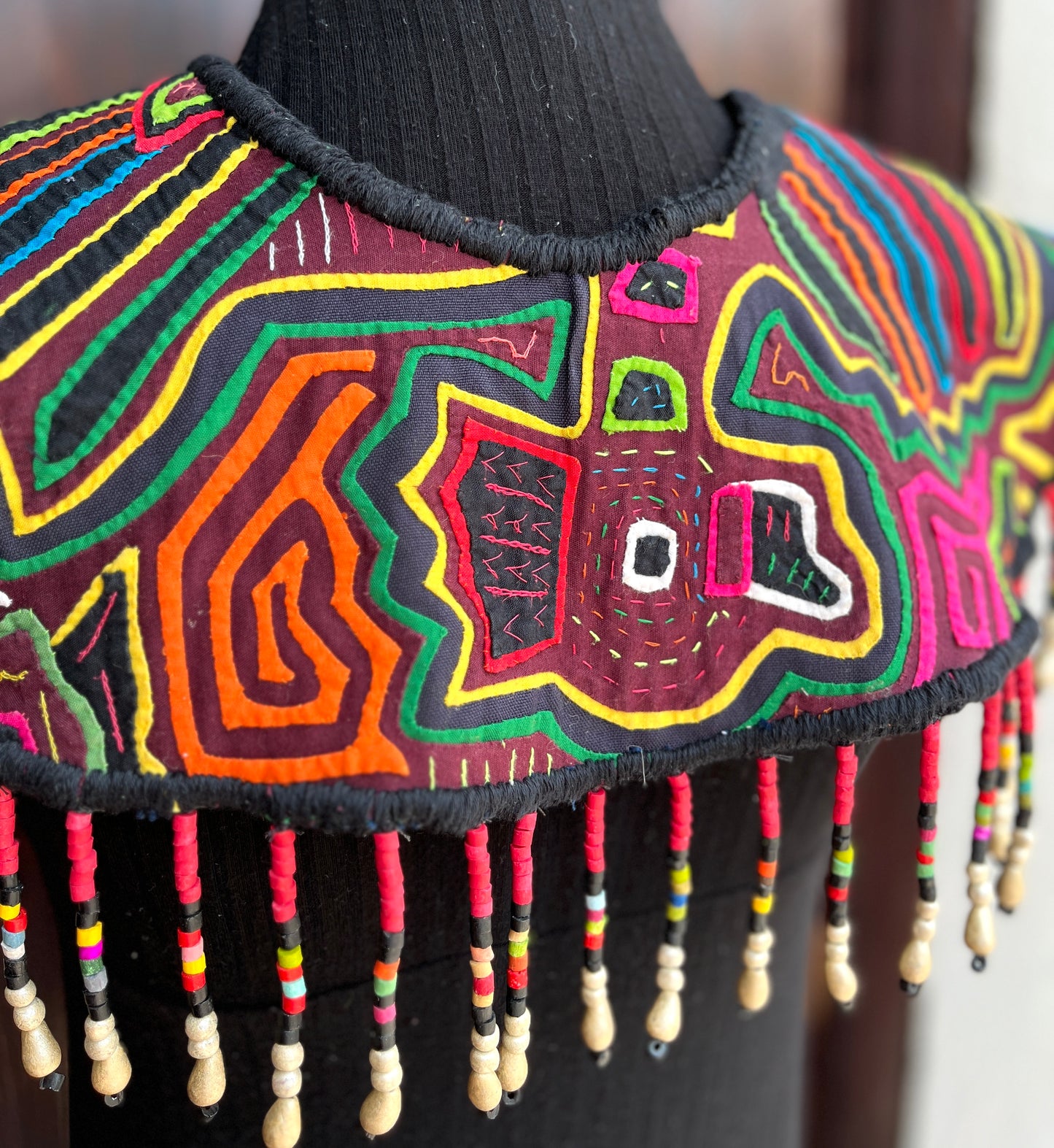 Textile Cape with Beaded Chains - Mola Capa, Magenta Multicolor