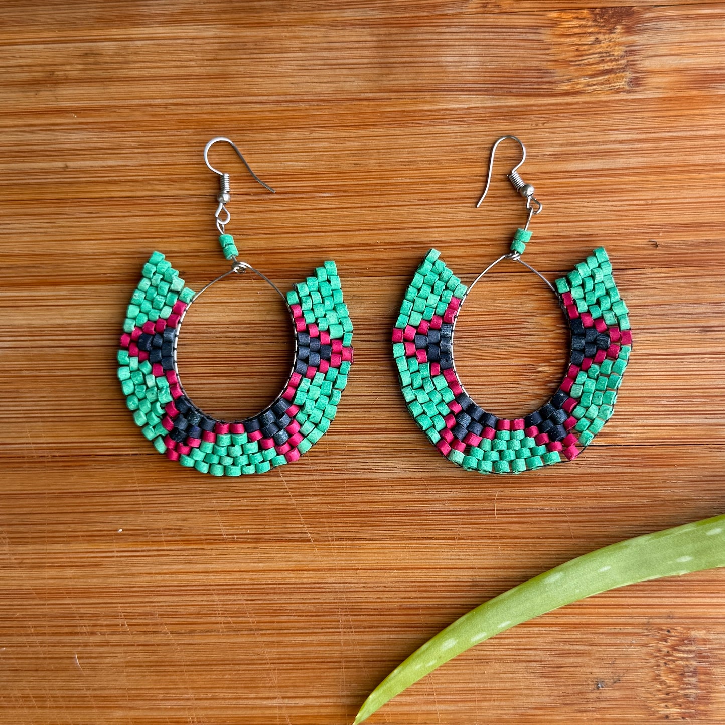 Beaded Crescent Hoop Star Earrings in Natural Ceramic Stone