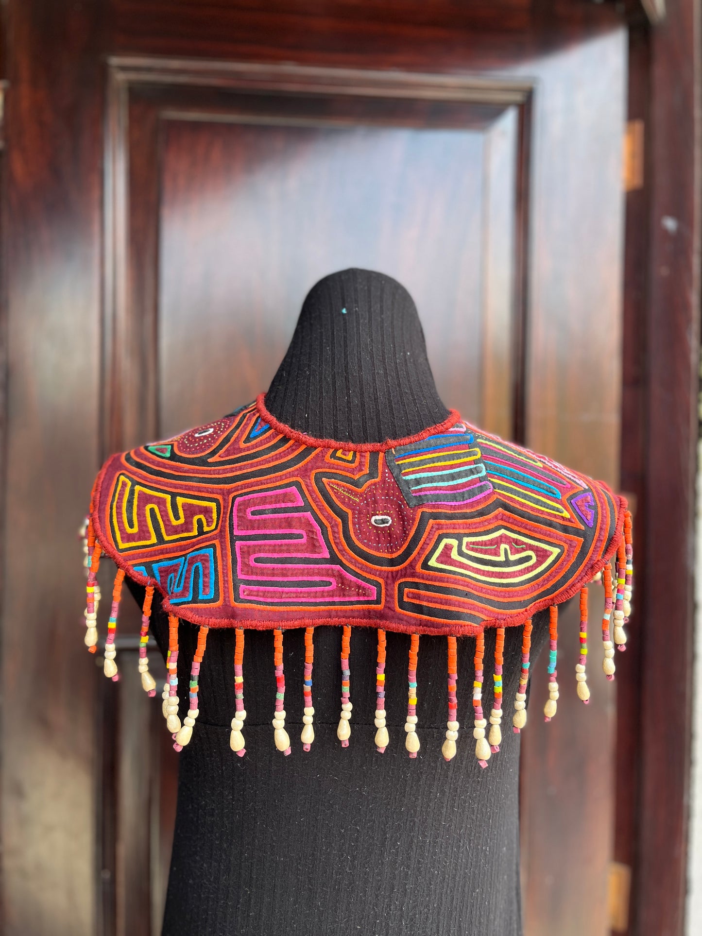 Textile Cape with Beaded Body Chains - "Mola Capa", Orange Multicolor