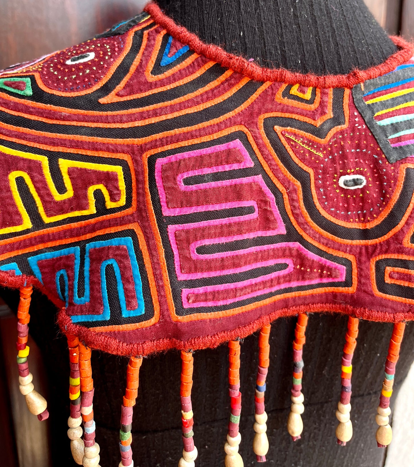 Textile Cape with Beaded Body Chains - "Mola Capa", Orange Multicolor
