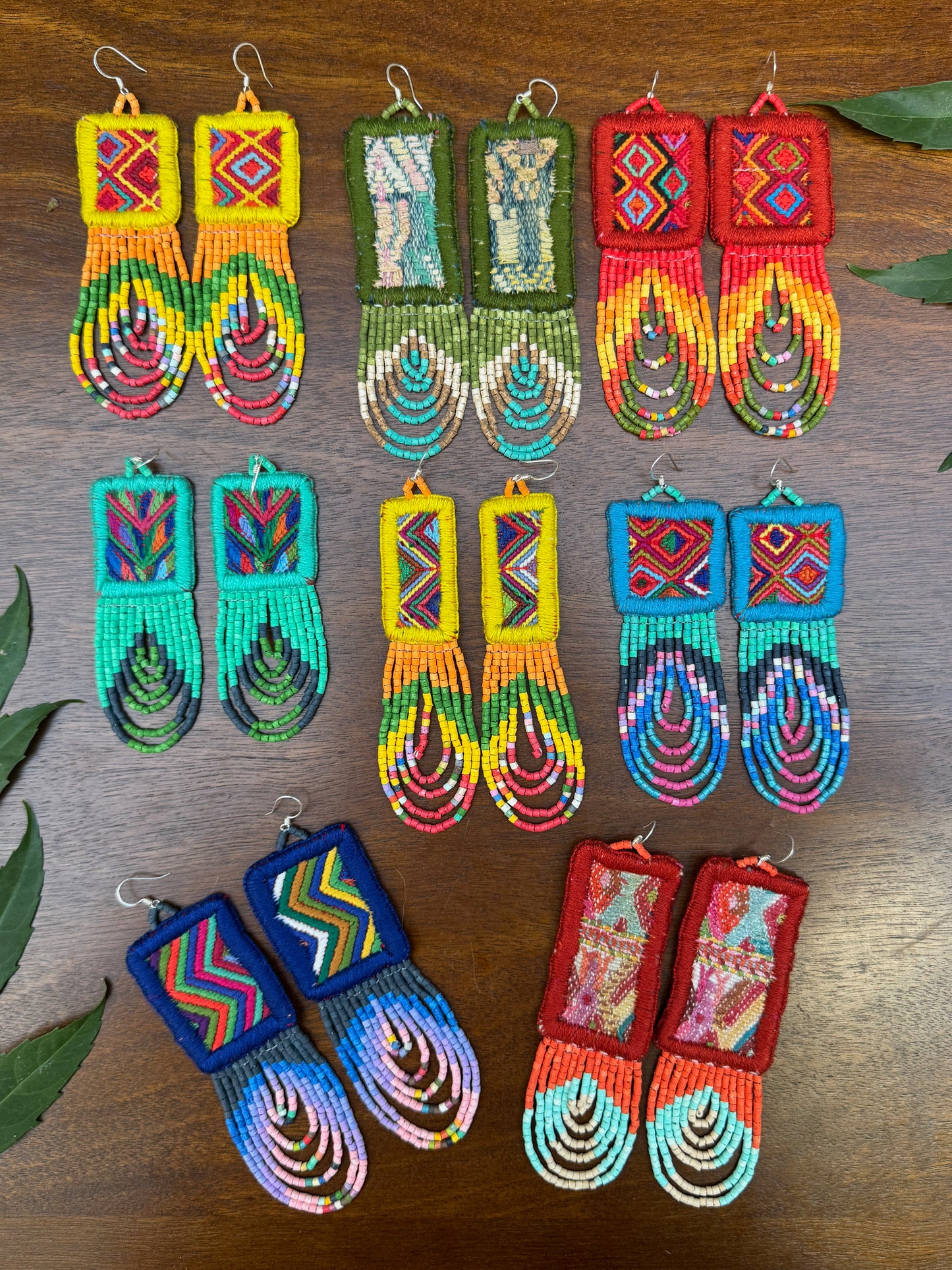 Handmade Beaded Earrings with Vintage Textile from Chichi and Clay Bead Drops, olive rectangle