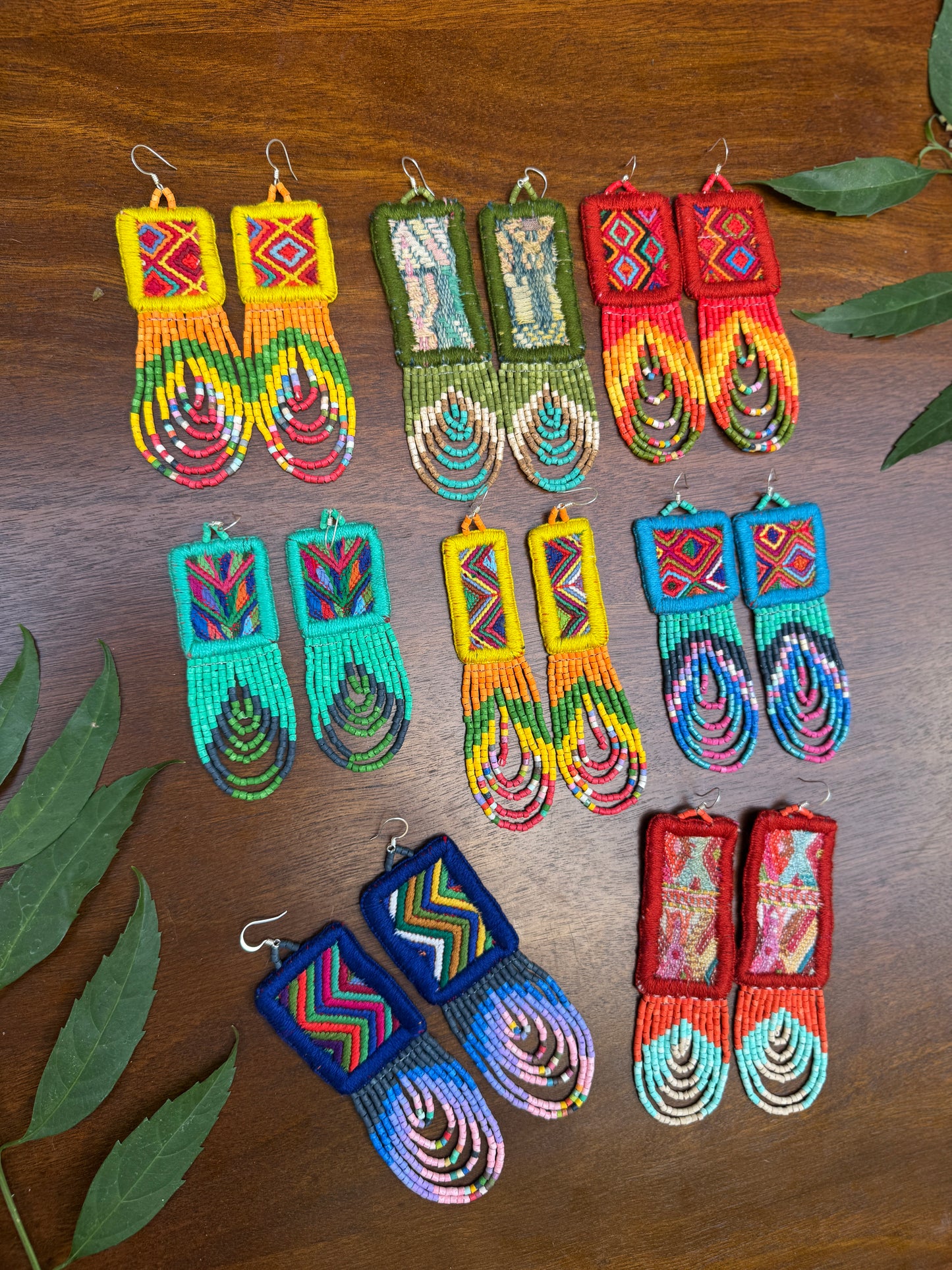 Handmade Beaded Earrings with Ceremonial Textile from Aguacatán and Clay Bead Drops, turquoise square