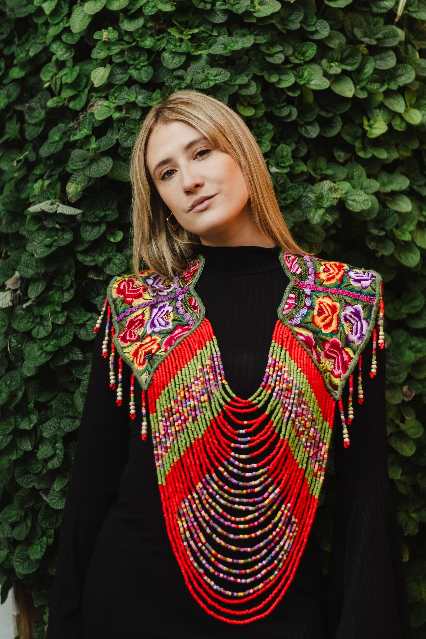 Shoulder Cape with Beads - Huipil Capa, Ruby Kaleidoscope