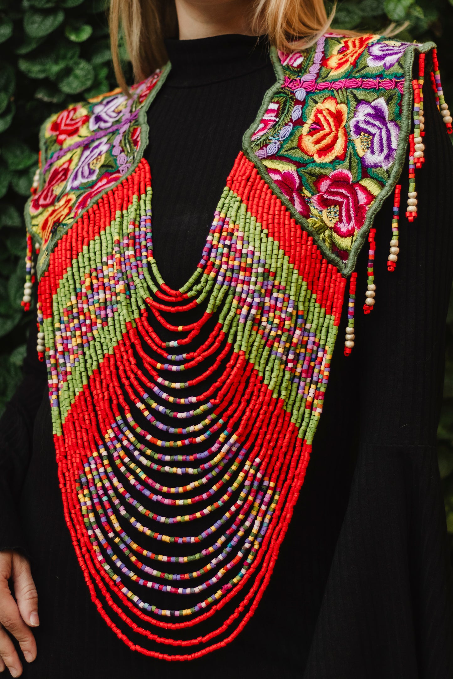 Shoulder Cape with Beads - Huipil Capa, Ruby Kaleidoscope