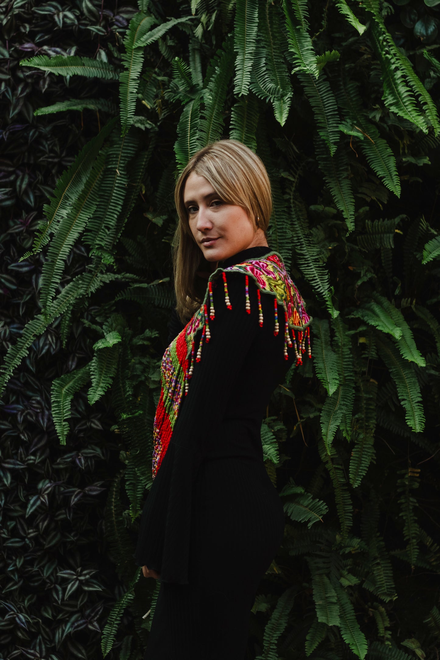 Shoulder Cape with Beads - Huipil Capa, Ruby Kaleidoscope
