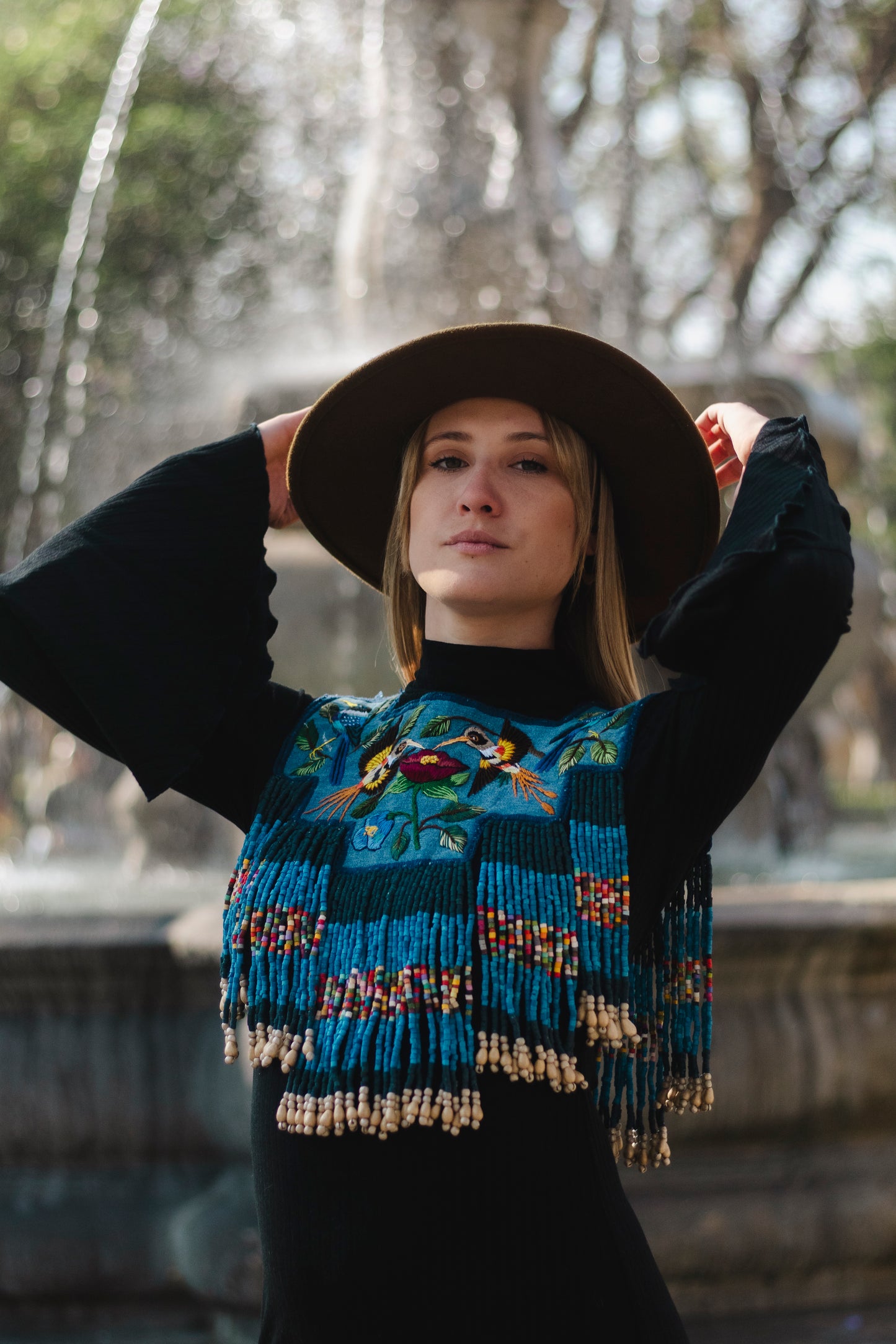 Handmade Poncho with Hand-Embroidered Birds and Beaded Fringes - Navy Blue