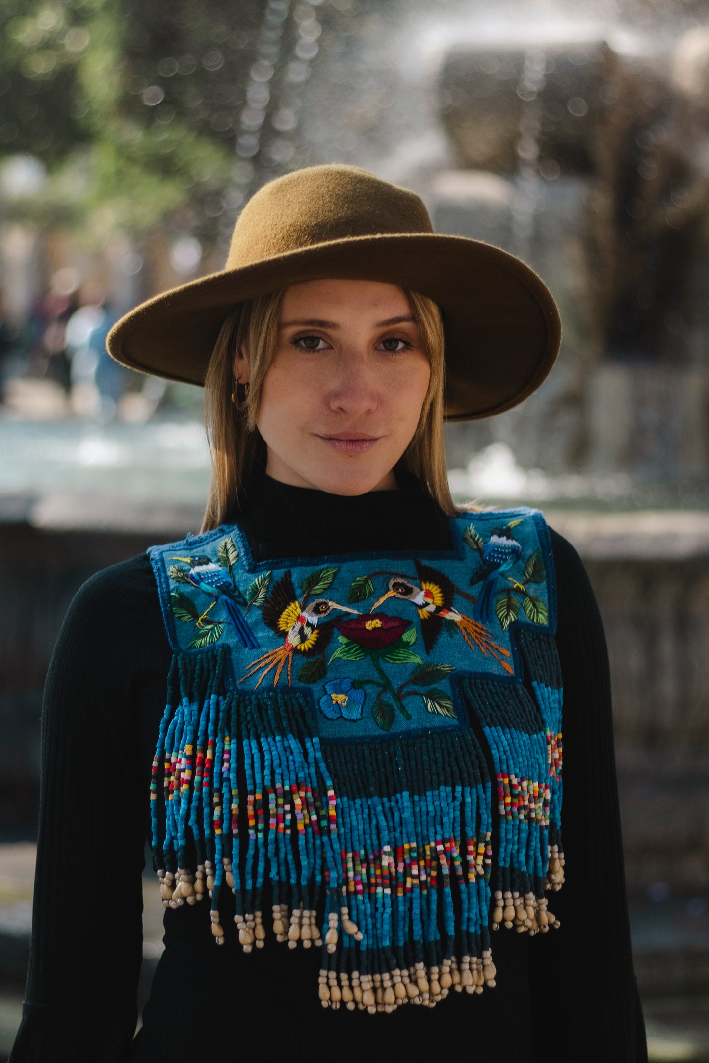 Handmade Poncho with Hand-Embroidered Birds and Beaded Fringes - Navy Blue
