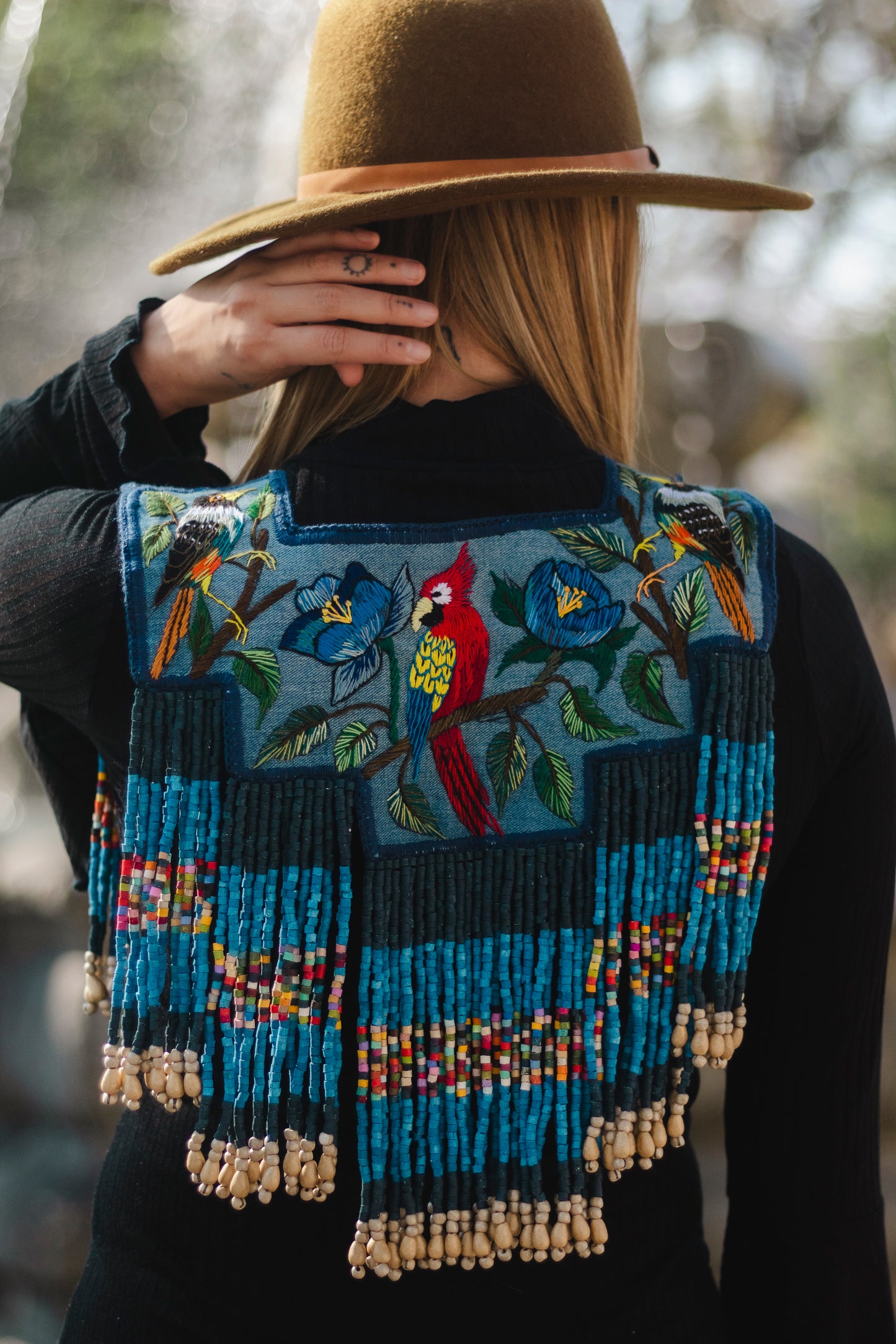 Handmade Poncho with Hand-Embroidered Birds and Beaded Fringes - Navy Blue