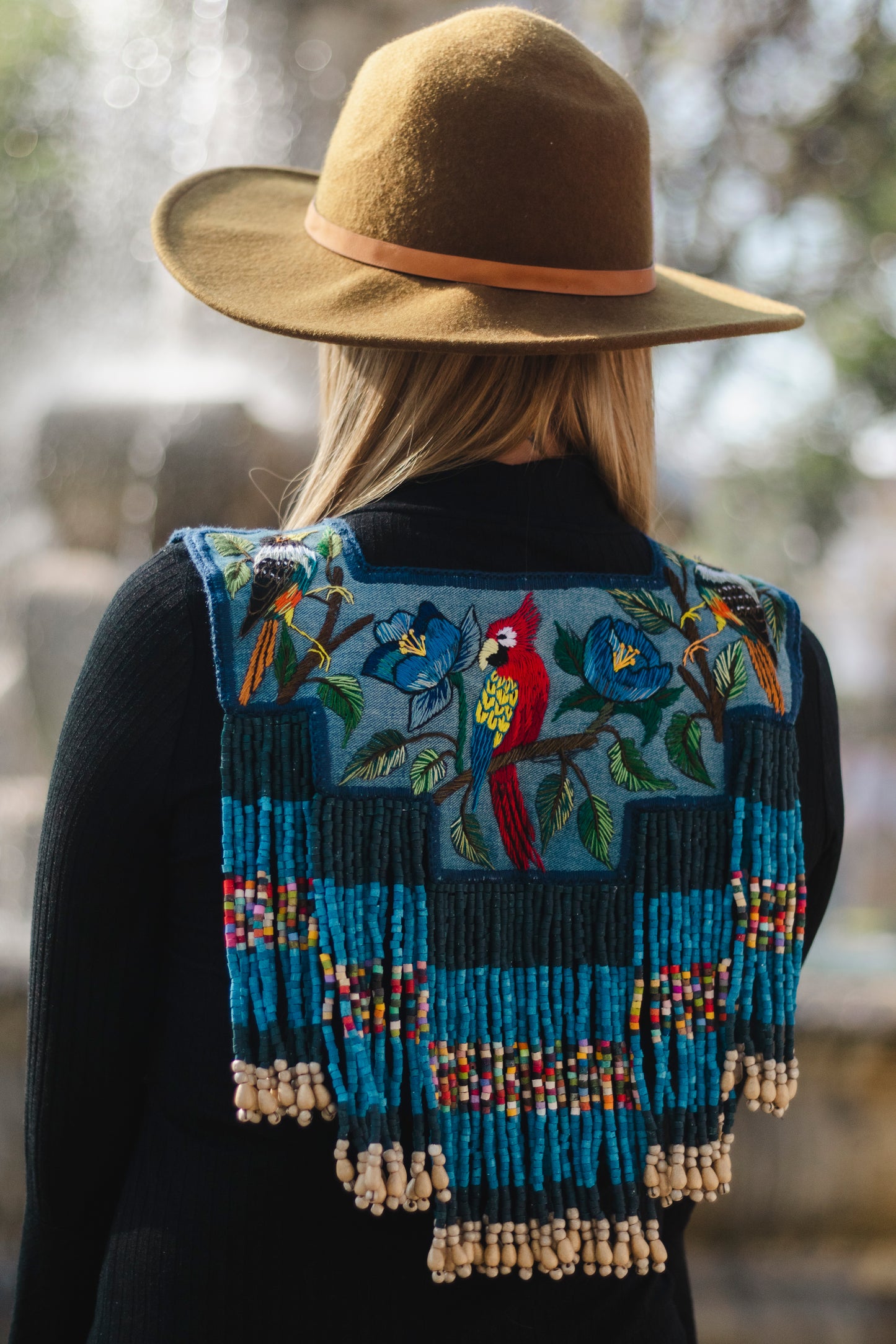 Handmade Poncho with Hand-Embroidered Birds and Beaded Fringes - Navy Blue