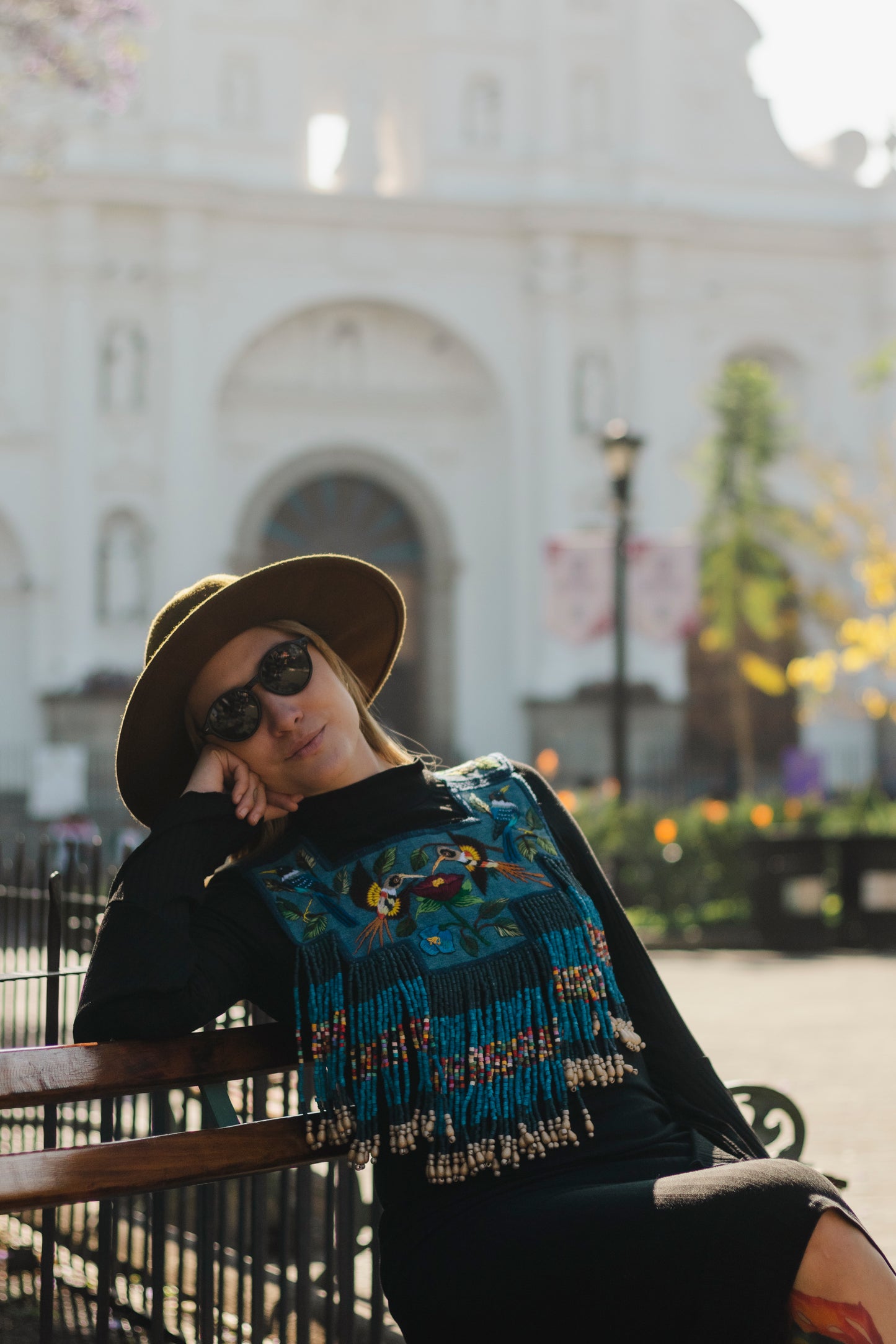 Handmade Poncho with Hand-Embroidered Birds and Beaded Fringes - Navy Blue