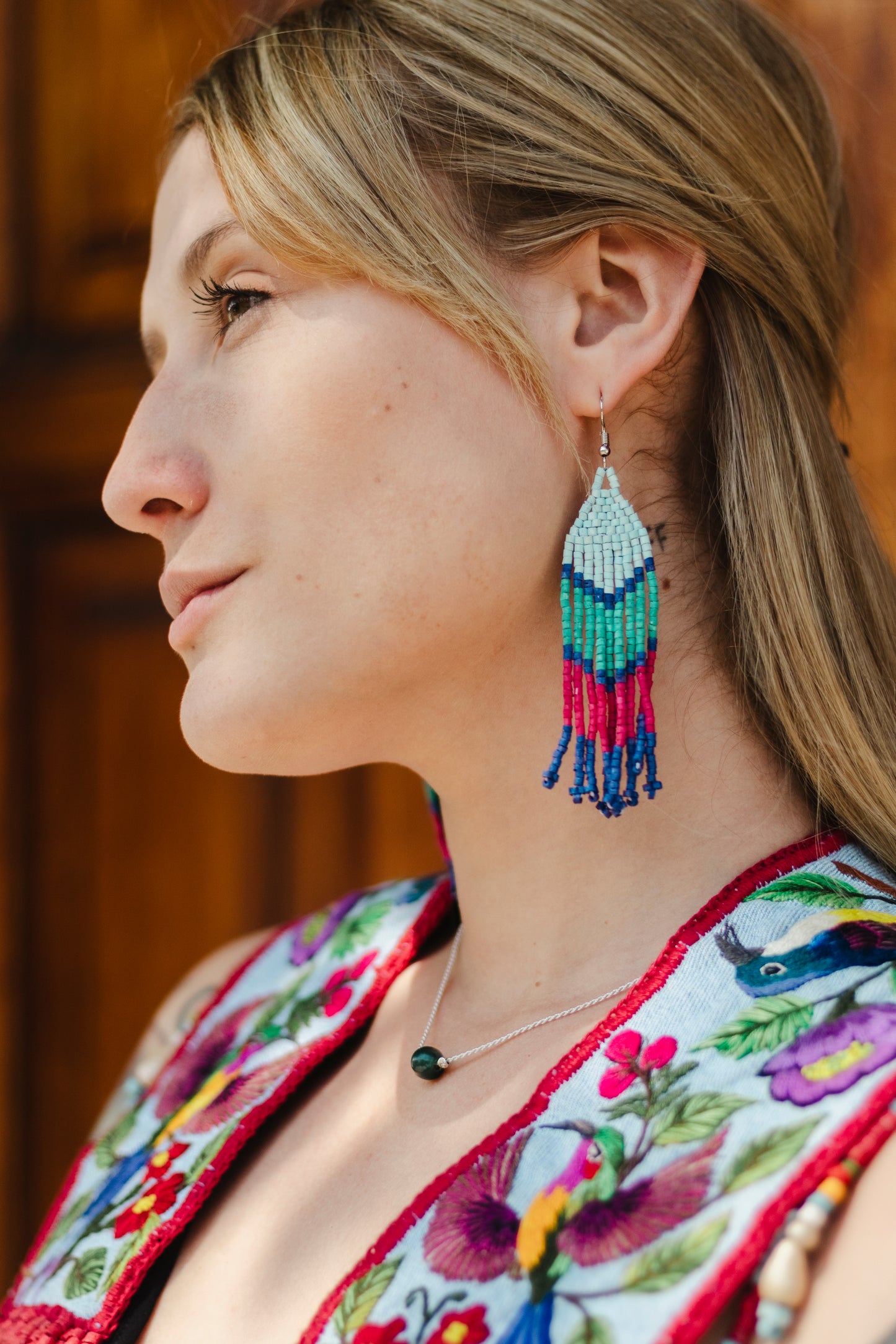 Ceremonial Shoulder Piece with Hand-Embroidered Birds - Stone Blue & Velvet