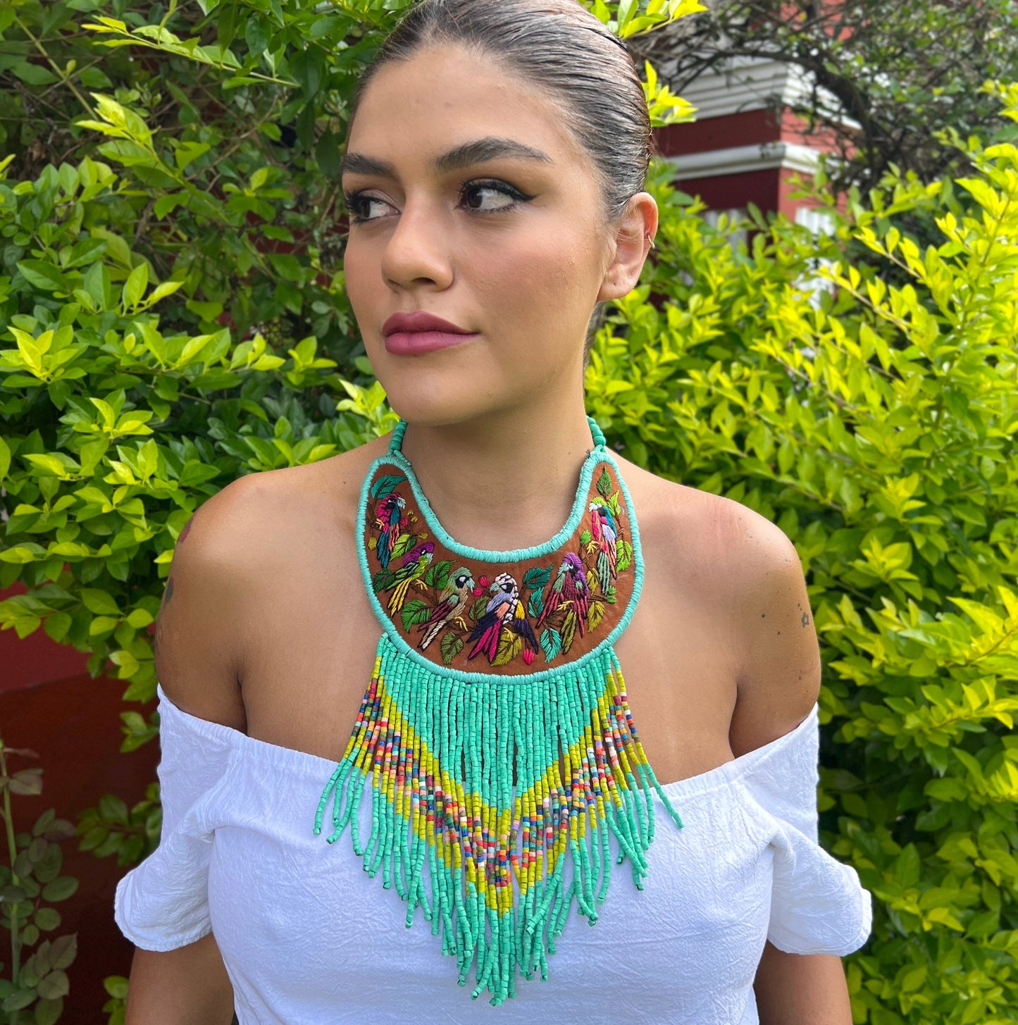 Embroidered Bib Collars with Fringes, Adjustable - "Birds of Santiago"