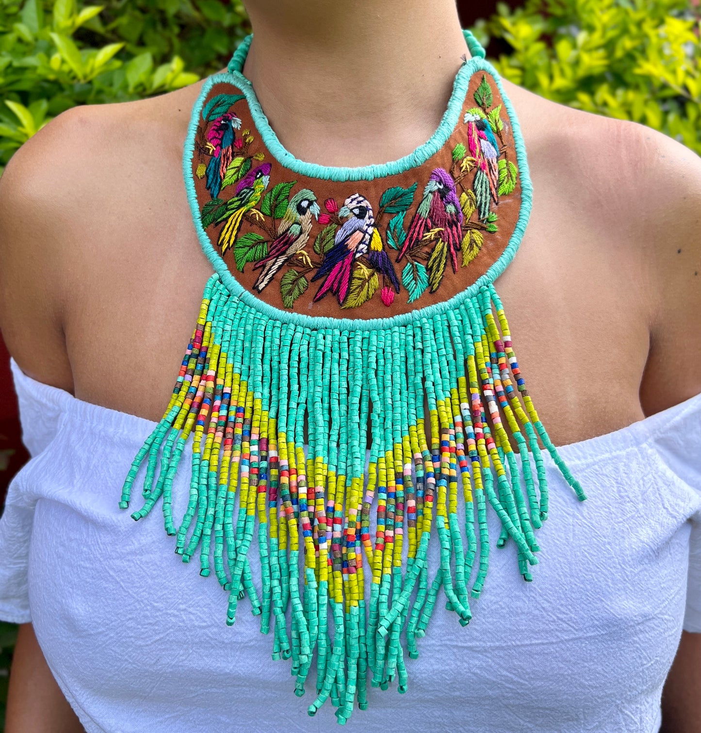 Embroidered Bib Collars with Fringes, Adjustable - "Birds of Santiago"