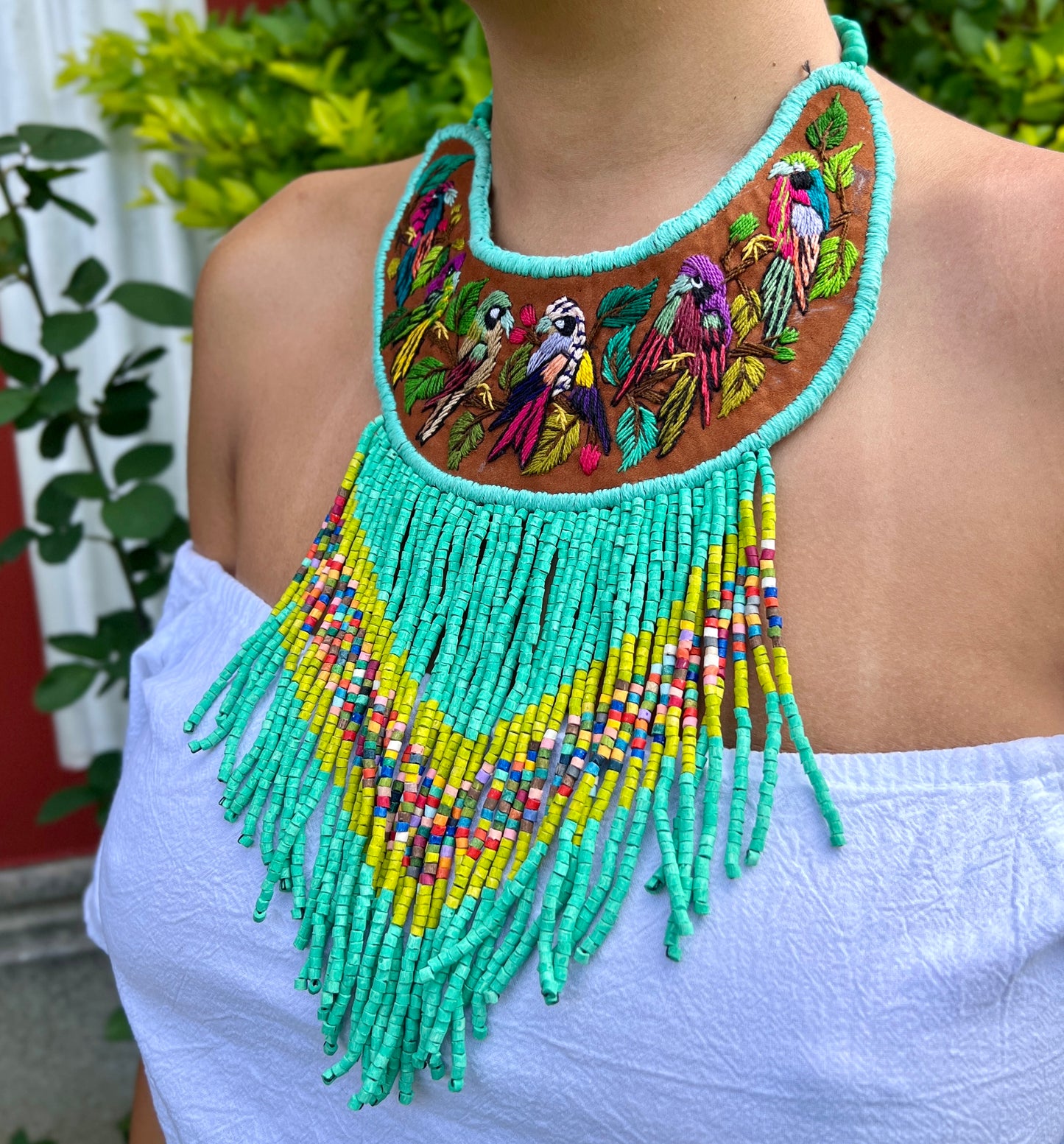 Embroidered Bib Collars with Fringes, Adjustable - "Birds of Santiago"
