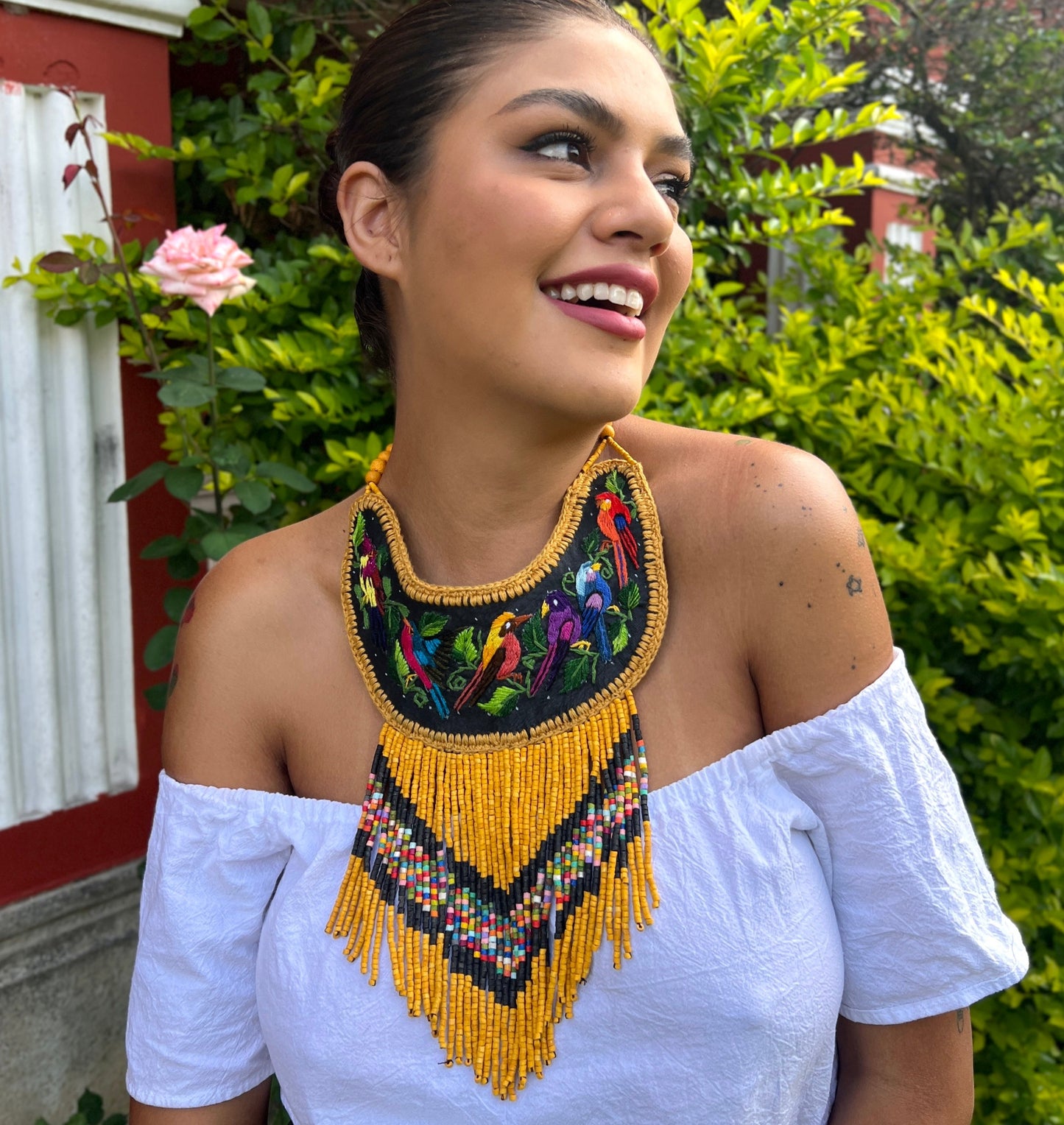 Embroidered Bib Collars with Fringes, Adjustable - "Birds of Santiago"