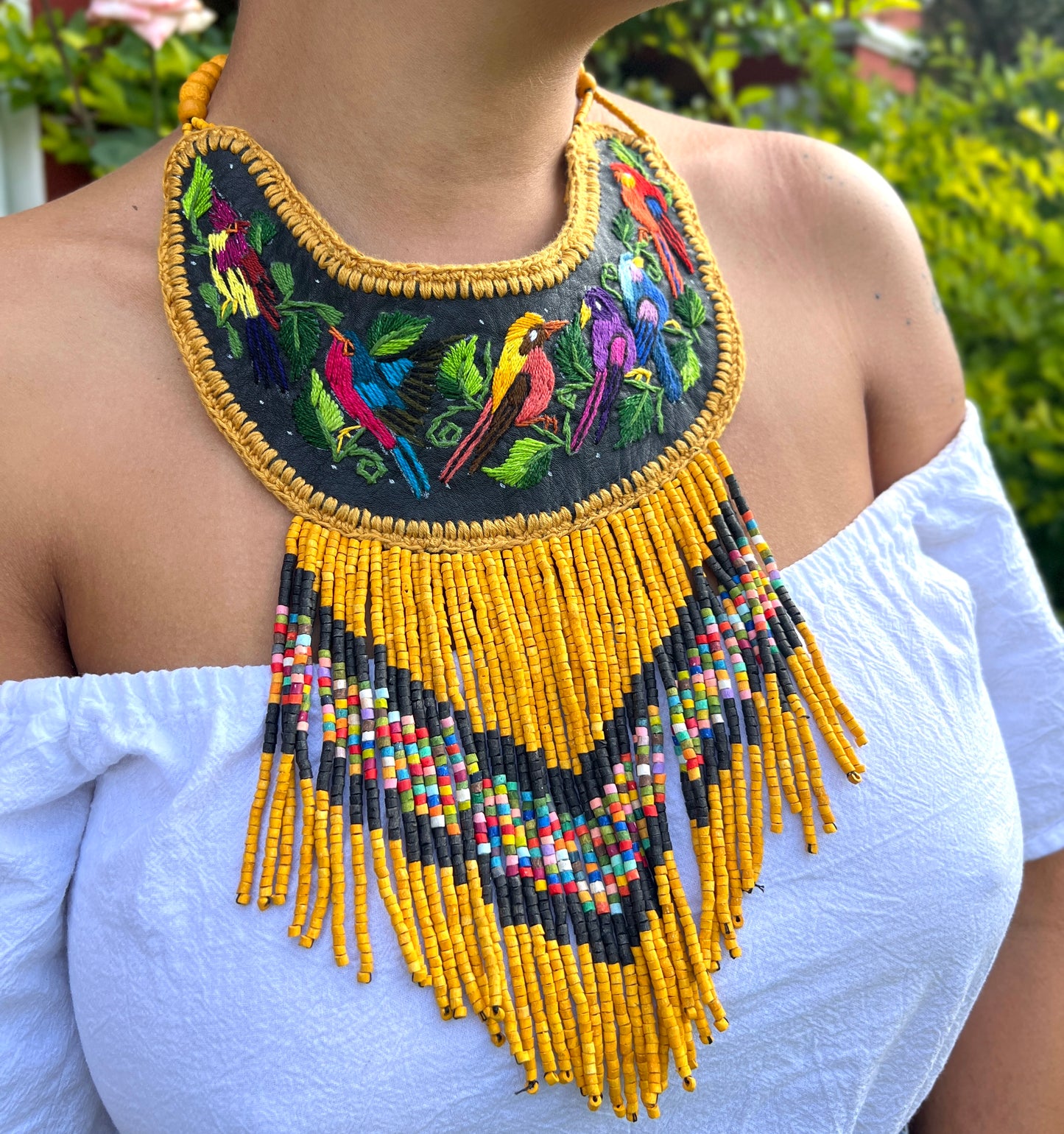 Embroidered Bib Collars with Fringes, Adjustable - "Birds of Santiago"
