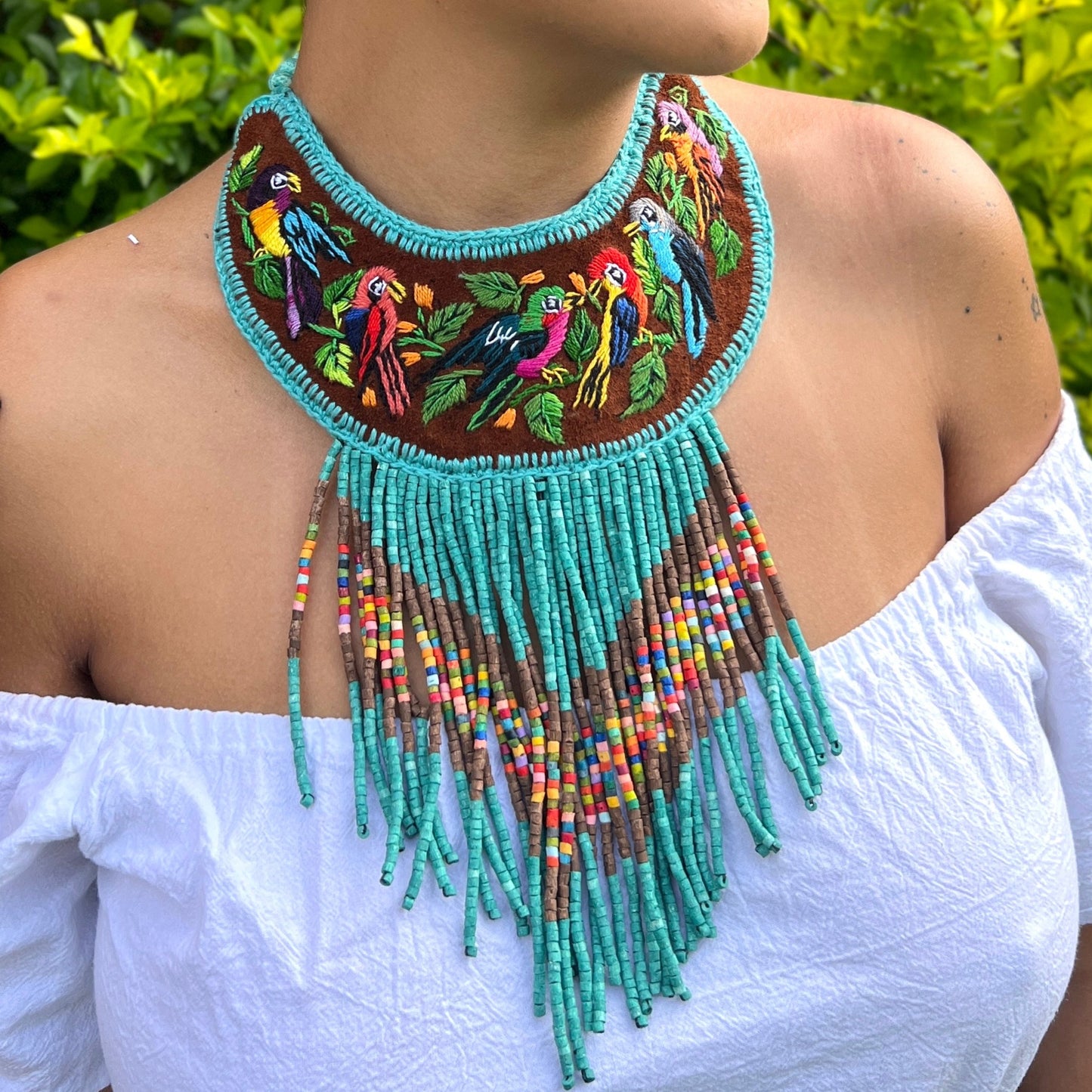Embroidered Bib Collars with Fringes, Adjustable - "Birds of Santiago"