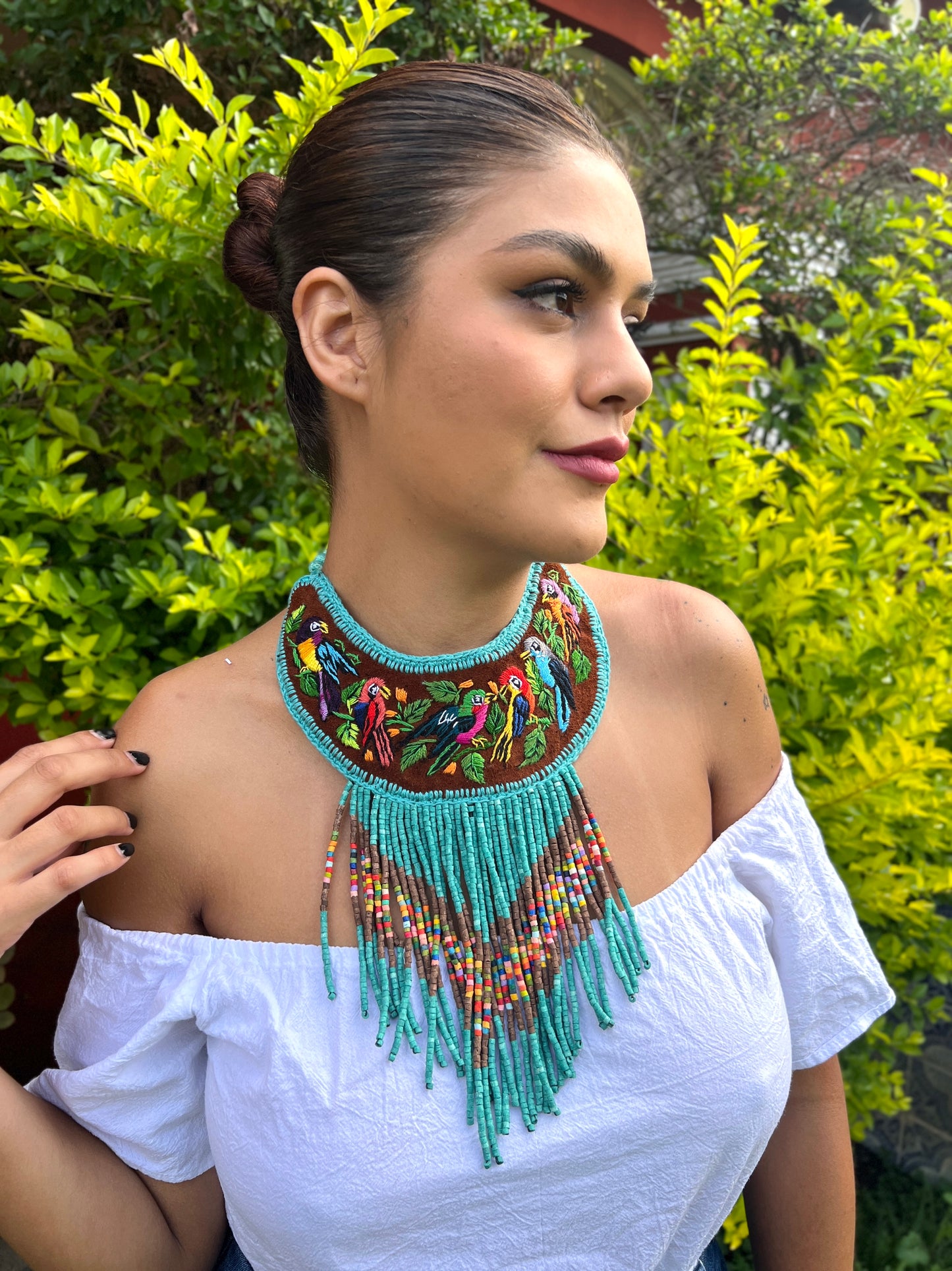 Embroidered Bib Collars with Fringes, Adjustable - "Birds of Santiago"