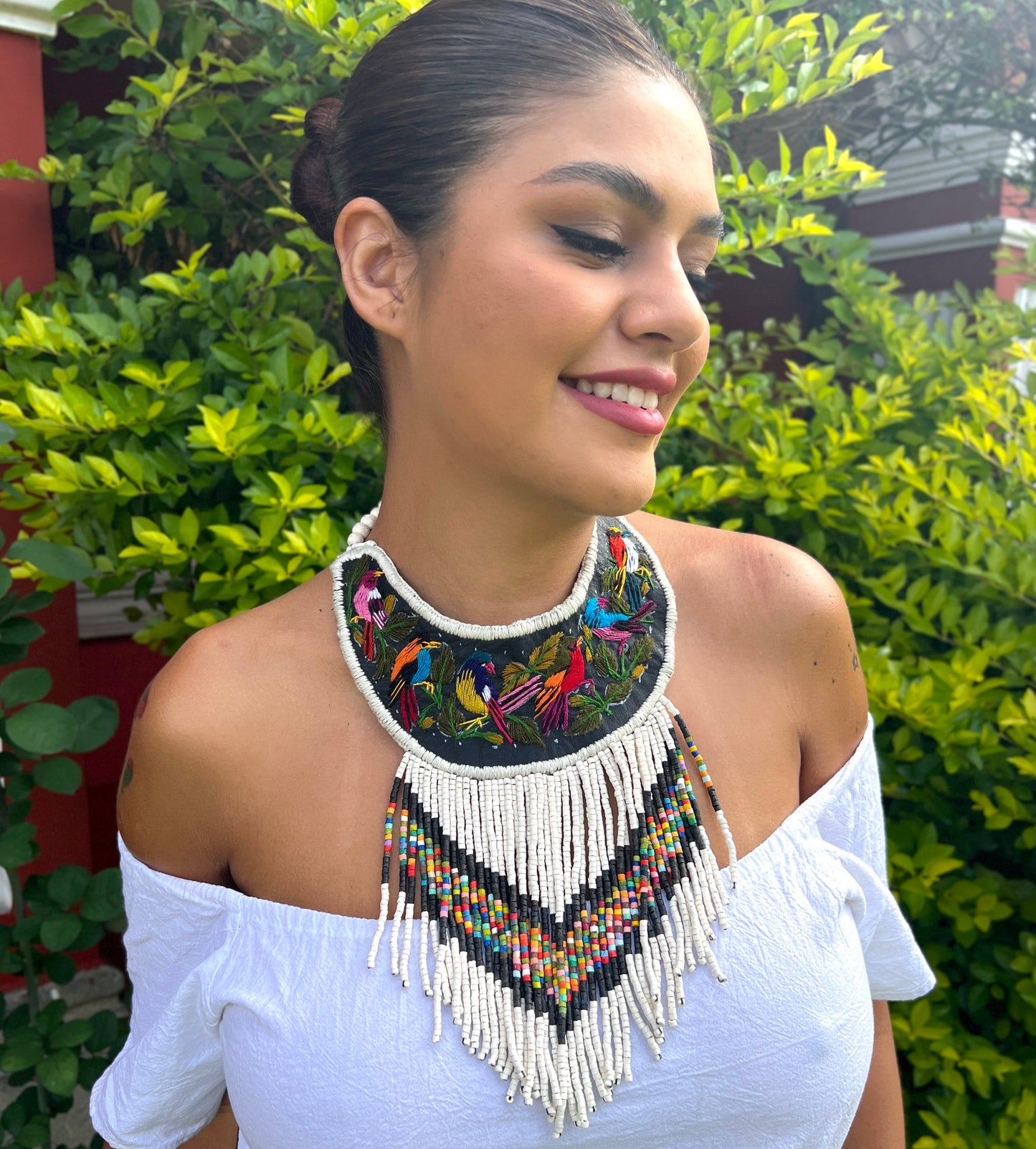 Embroidered Bib Collars with Fringes, Adjustable - "Birds of Santiago"