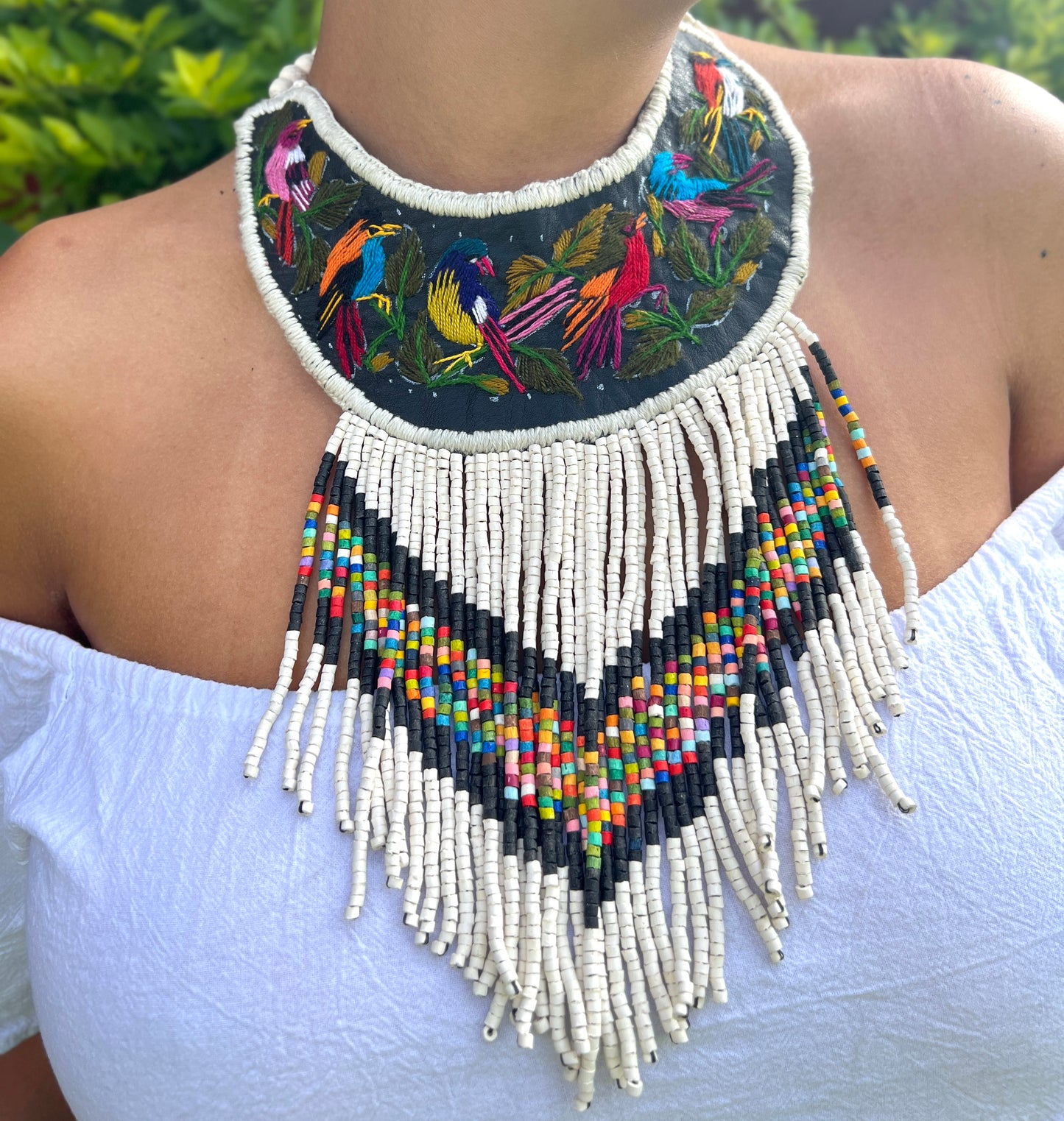 Embroidered Bib Collars with Fringes, Adjustable - "Birds of Santiago"