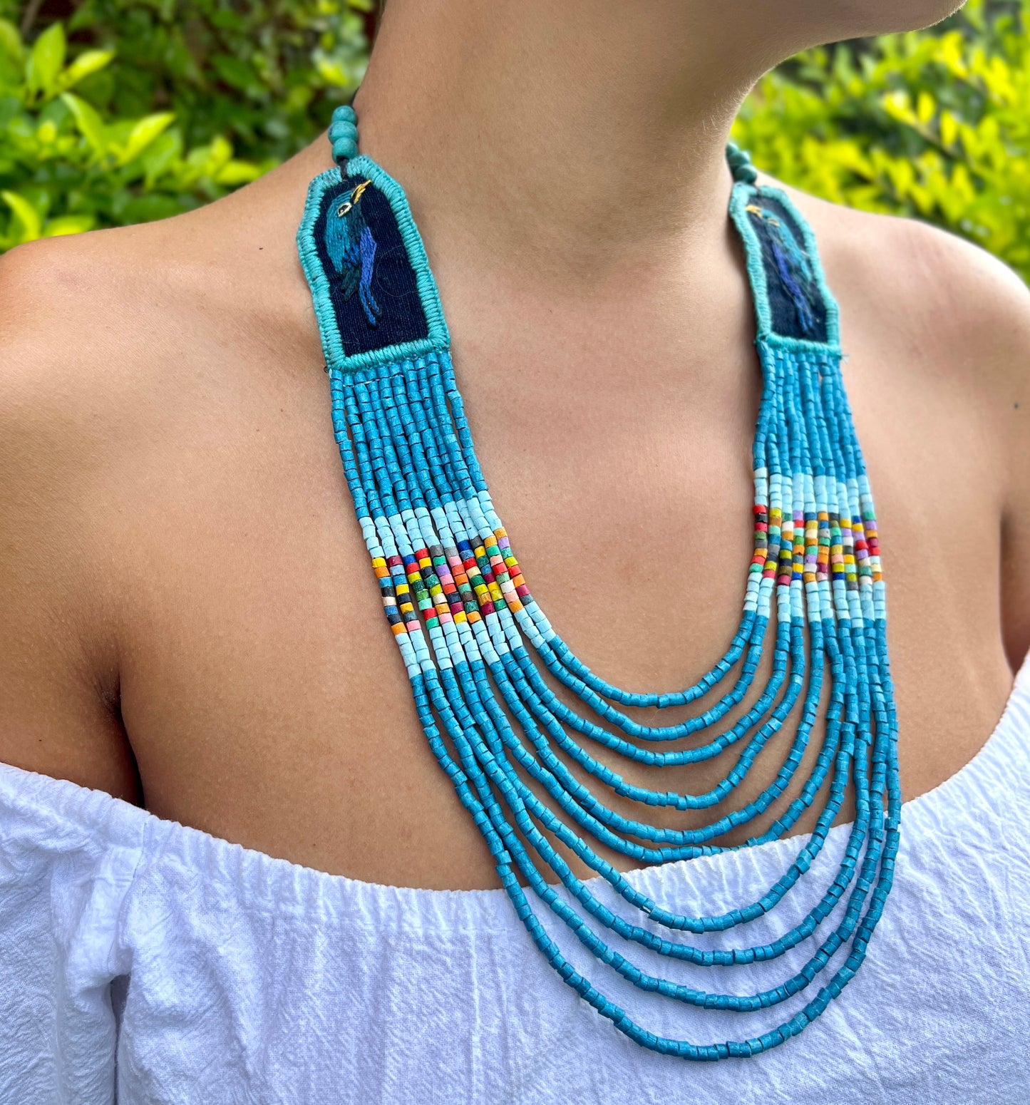 Two-piece Textile Necklaces, Adjustable - "Birds of Santiago", Vibrants