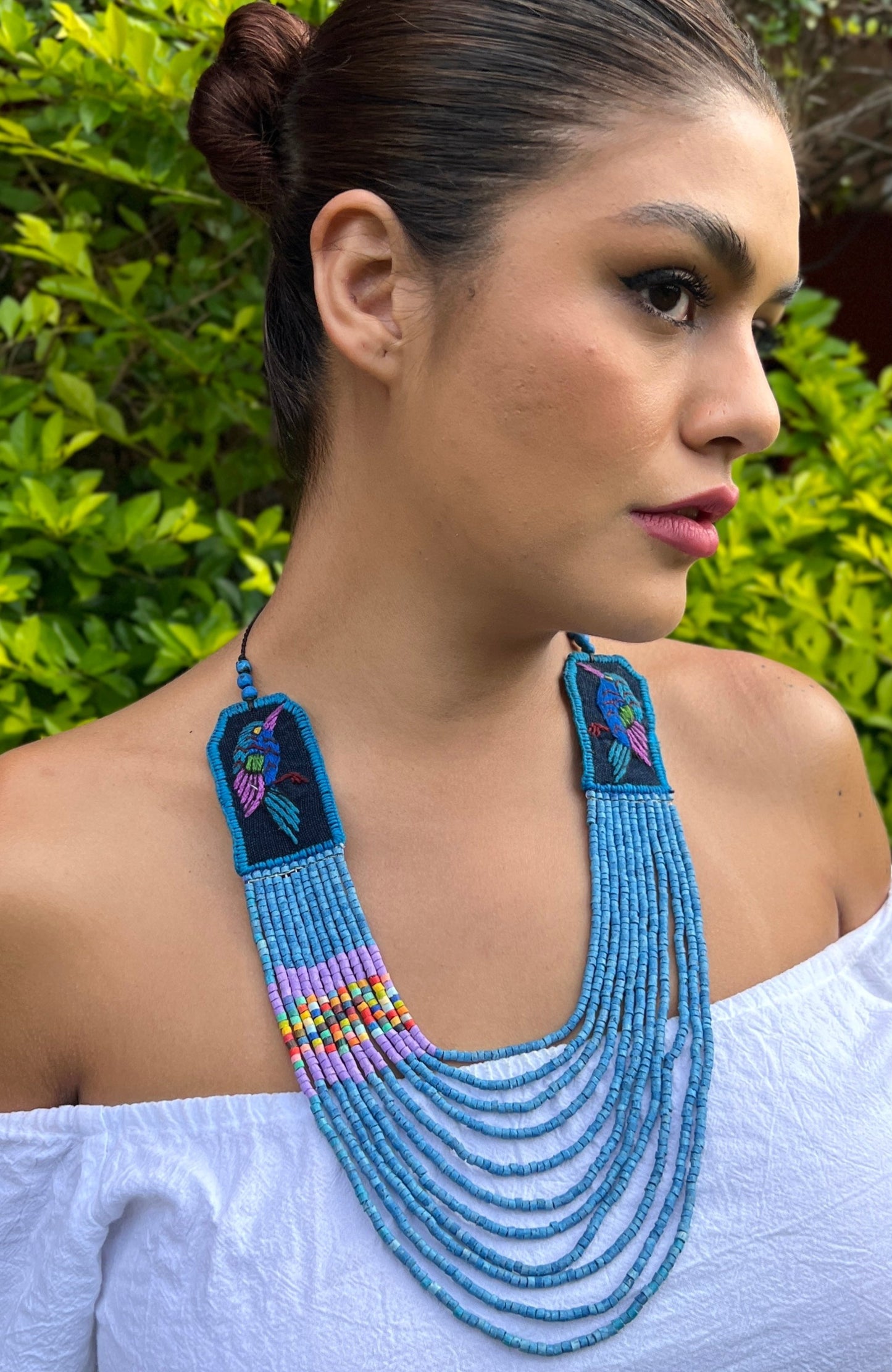 Two-piece Textile Necklaces, Adjustable - "Birds of Santiago", Vibrants