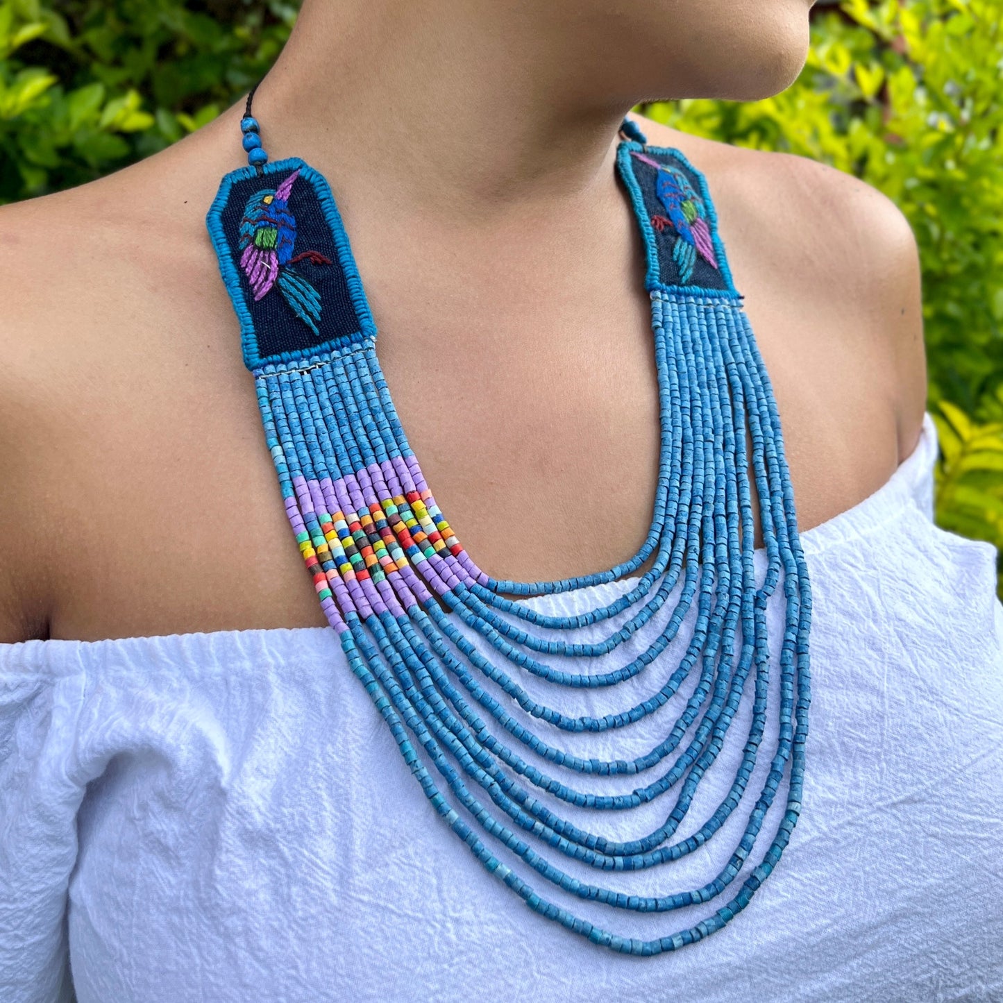 Two-piece Textile Necklaces, Adjustable - "Birds of Santiago", Vibrants