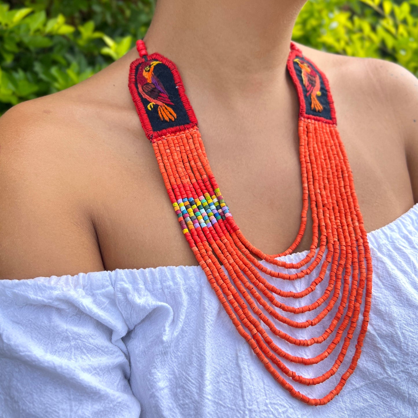 Two-piece Textile Necklaces, Adjustable - "Birds of Santiago", Vibrants