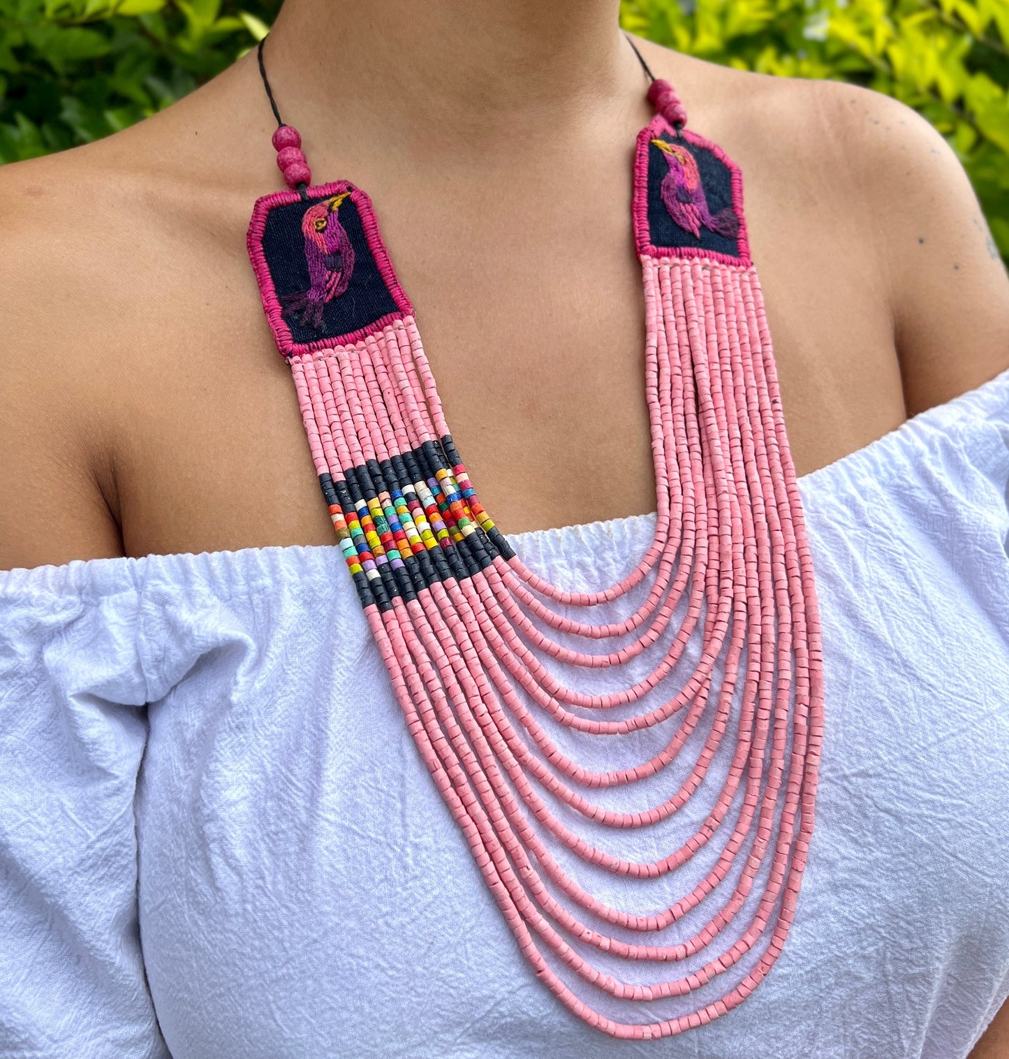 Two-piece Textile Necklaces, Adjustable - "Birds of Santiago", Vibrants