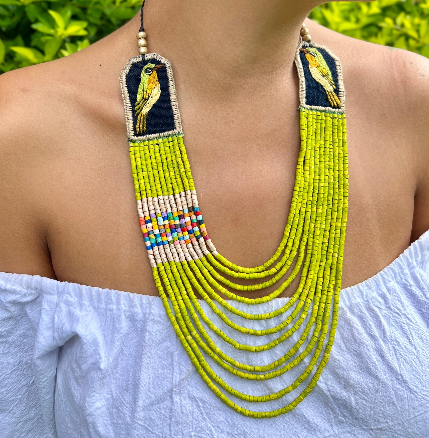 Two-piece Textile Necklaces, Adjustable - "Birds of Santiago", Vibrants