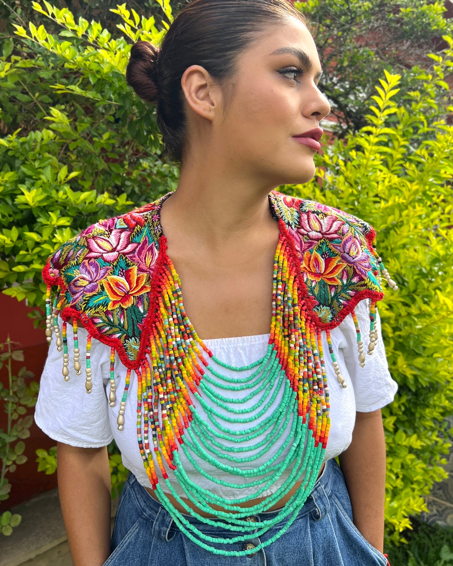 Textile Cape with Beaded Body Chains - "Huipil Capa", Vibrant Flora, Small
