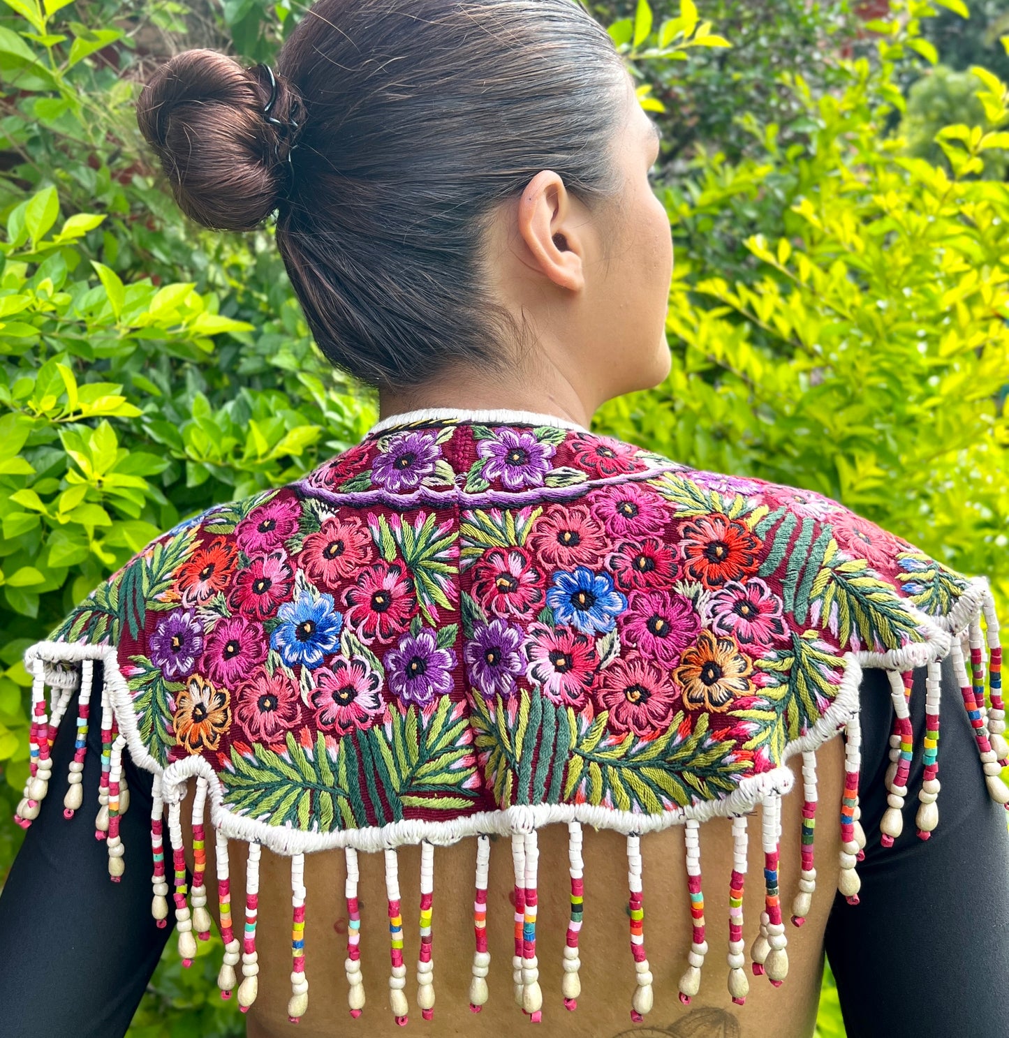 Textile Cape with Beaded Body Chains - "Huipil Capa", Floral