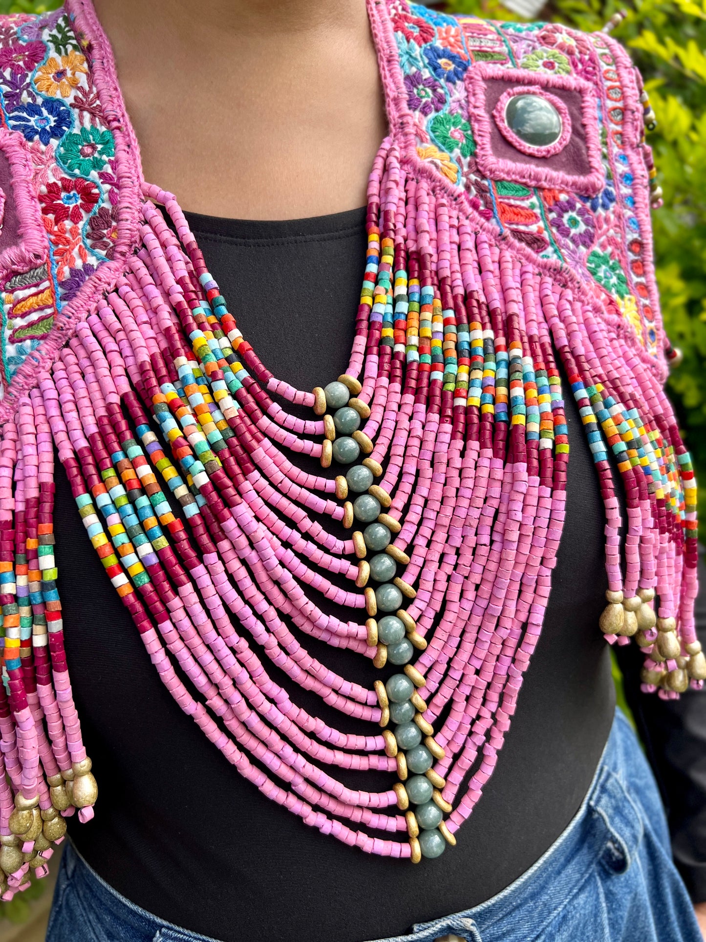 Textile Chest Piece with Chains, Fringes, and Jade - "Barbie"