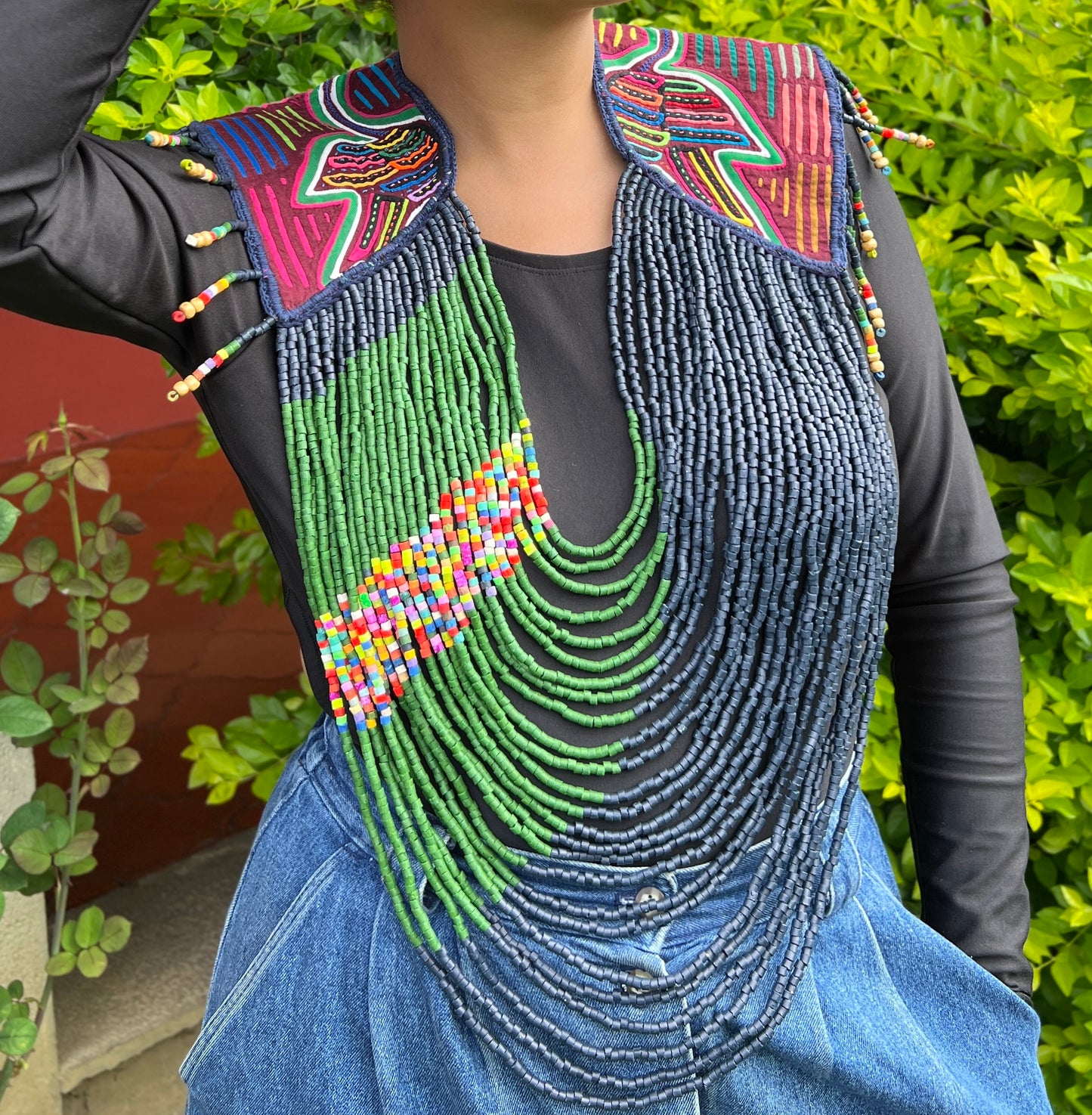 Textile Cape with Beaded Body Chains - "Mola Capa", Navy/Green