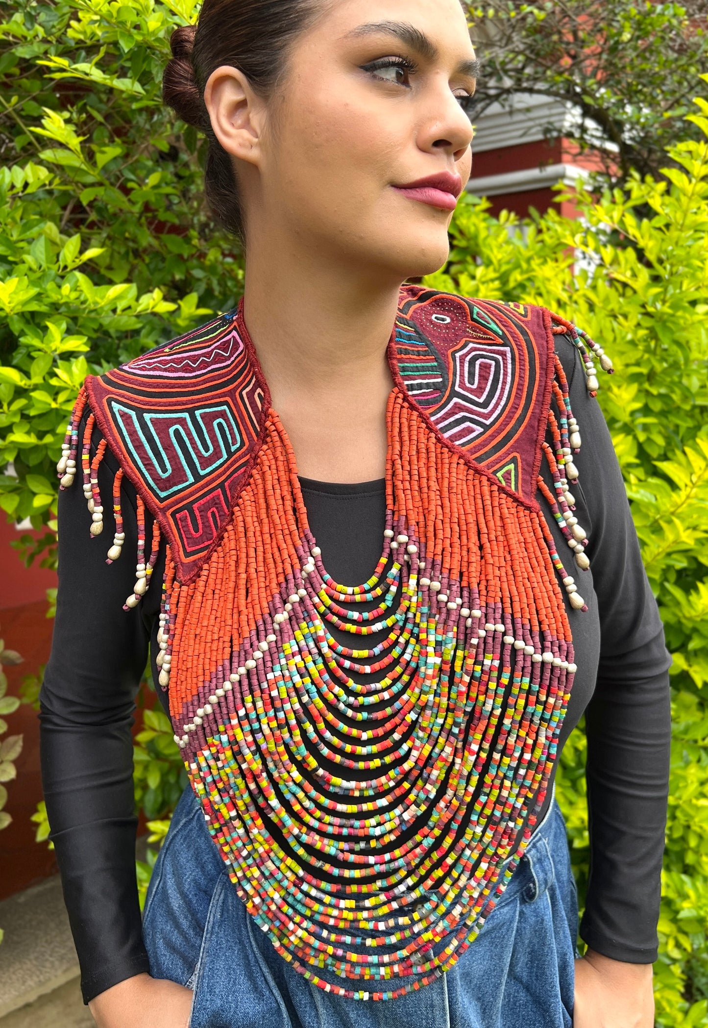 Textile Cape with Beaded Body Chains - "Mola Capa", Orange Multicolor