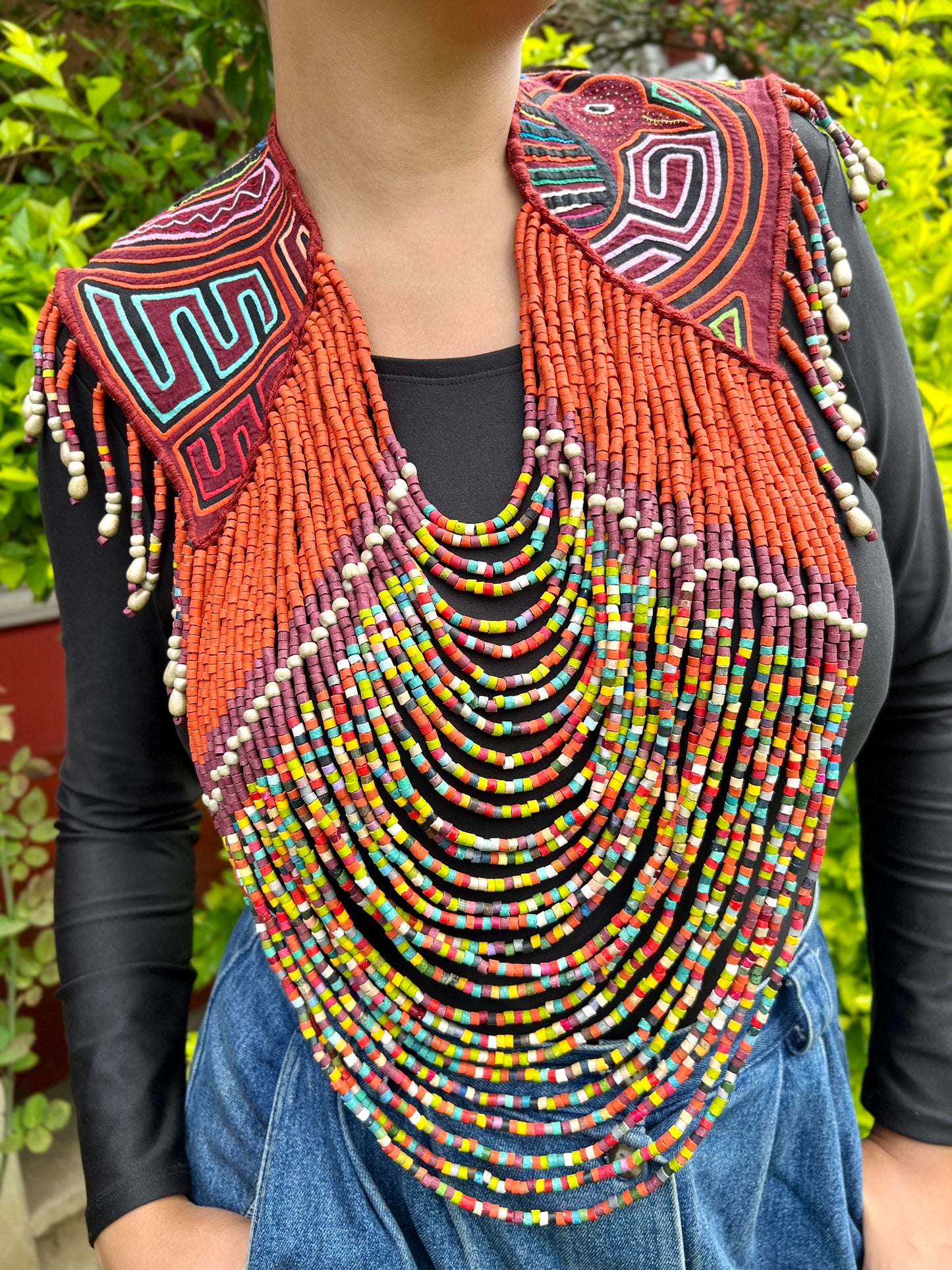 Textile Cape with Beaded Body Chains - "Mola Capa", Orange Multicolor