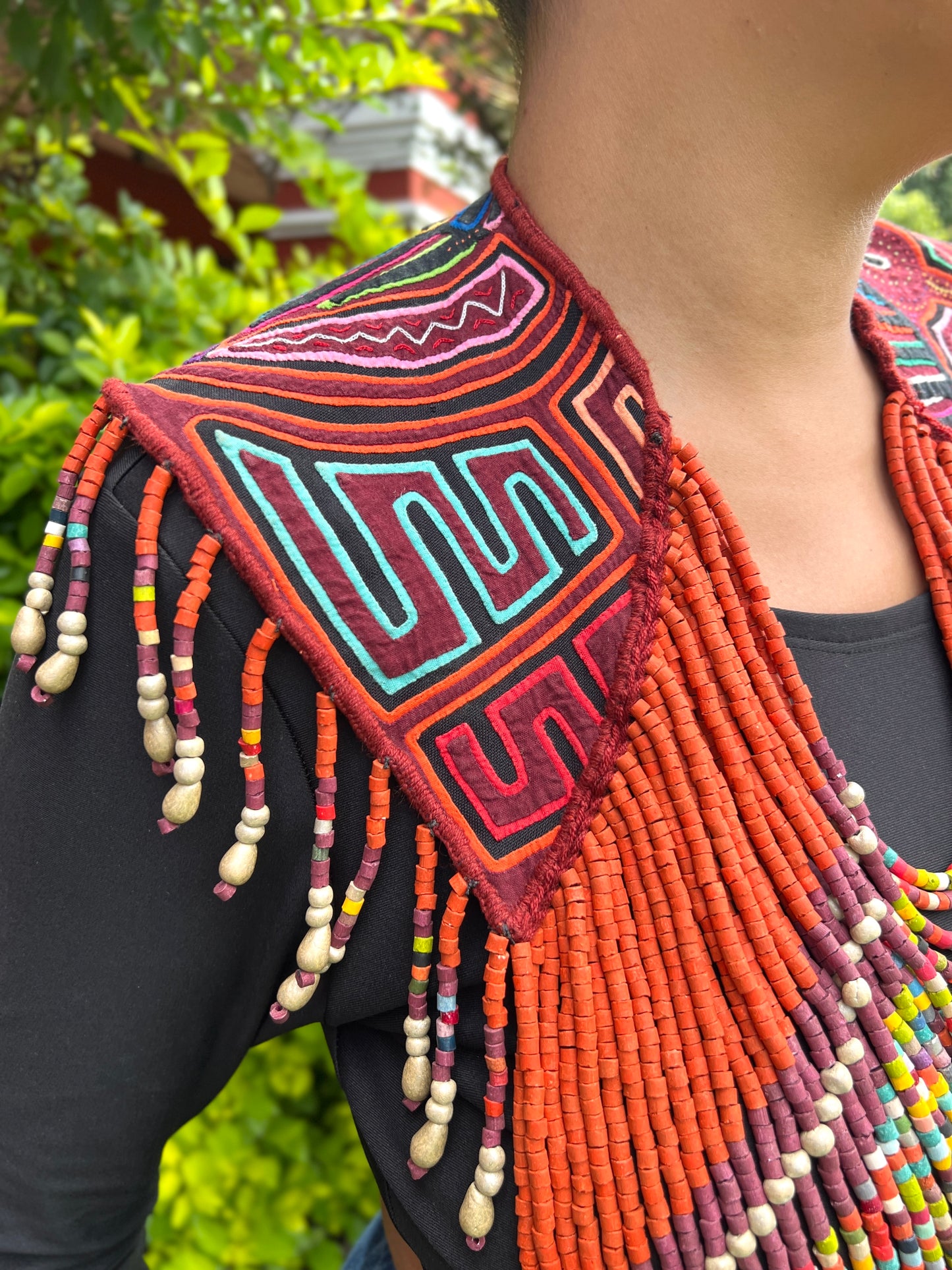 Textile Cape with Beaded Body Chains - "Mola Capa", Orange Multicolor