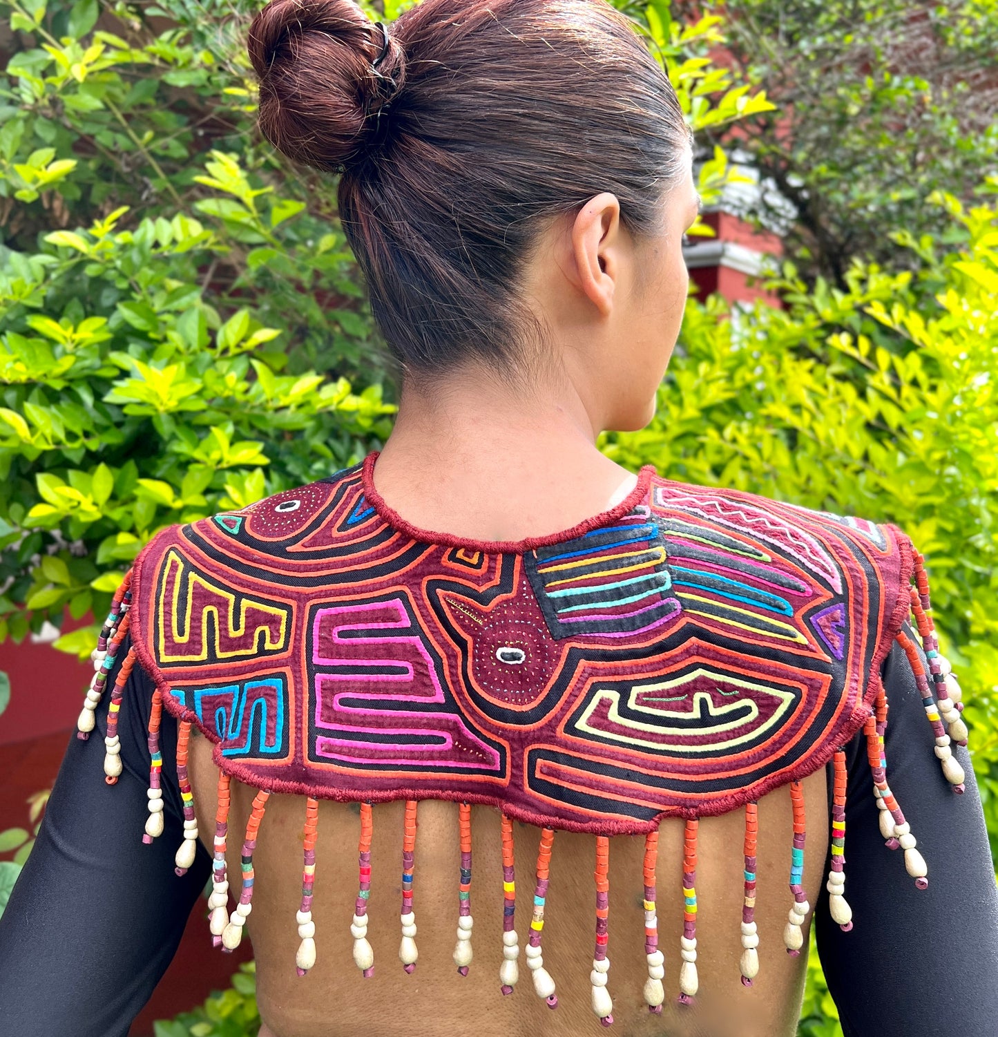 Textile Cape with Beaded Body Chains - "Mola Capa", Orange Multicolor