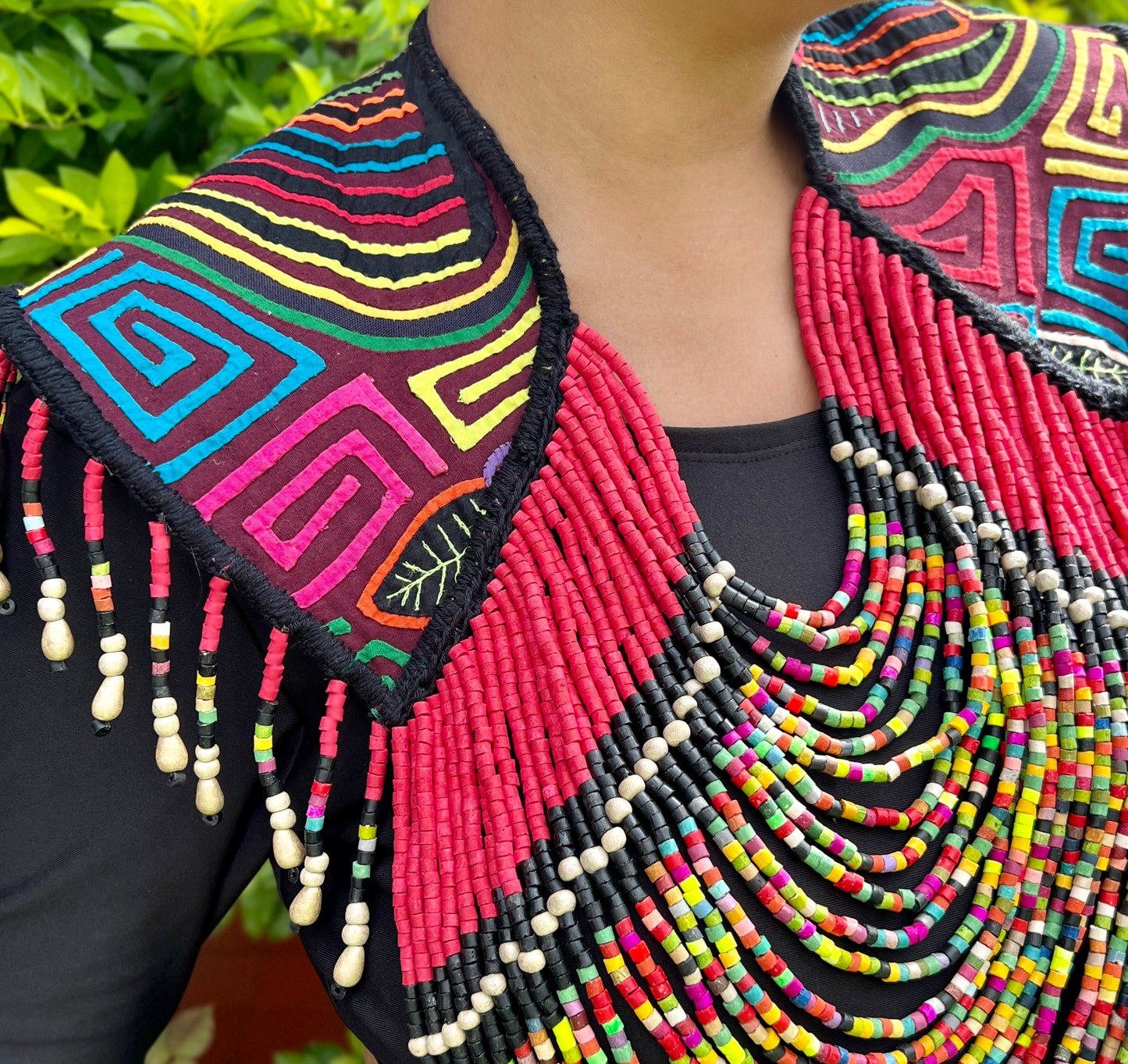 Textile Cape with Beaded Chains - Mola Capa, Magenta Multicolor