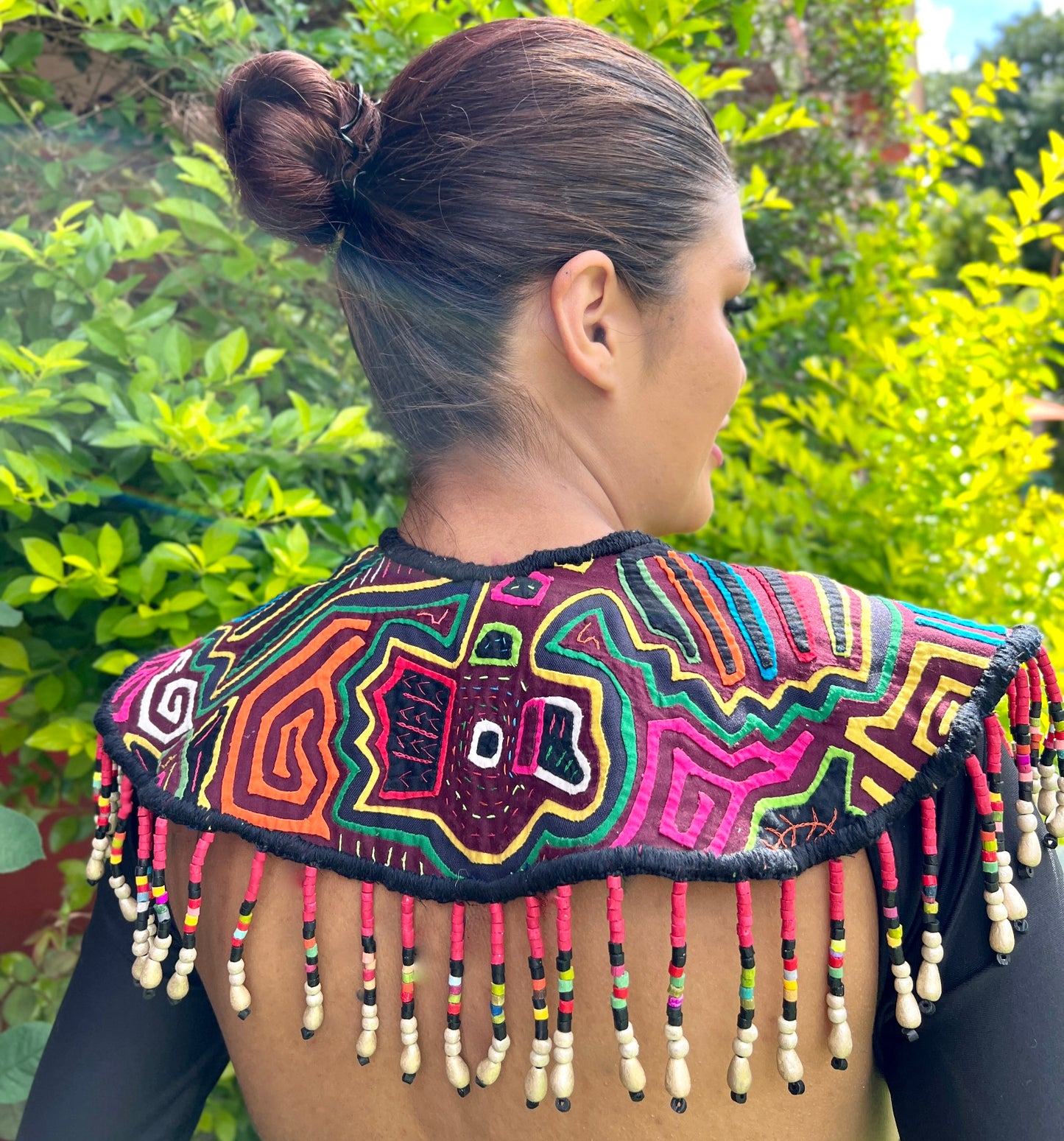 Textile Cape with Beaded Chains - Mola Capa, Magenta Multicolor