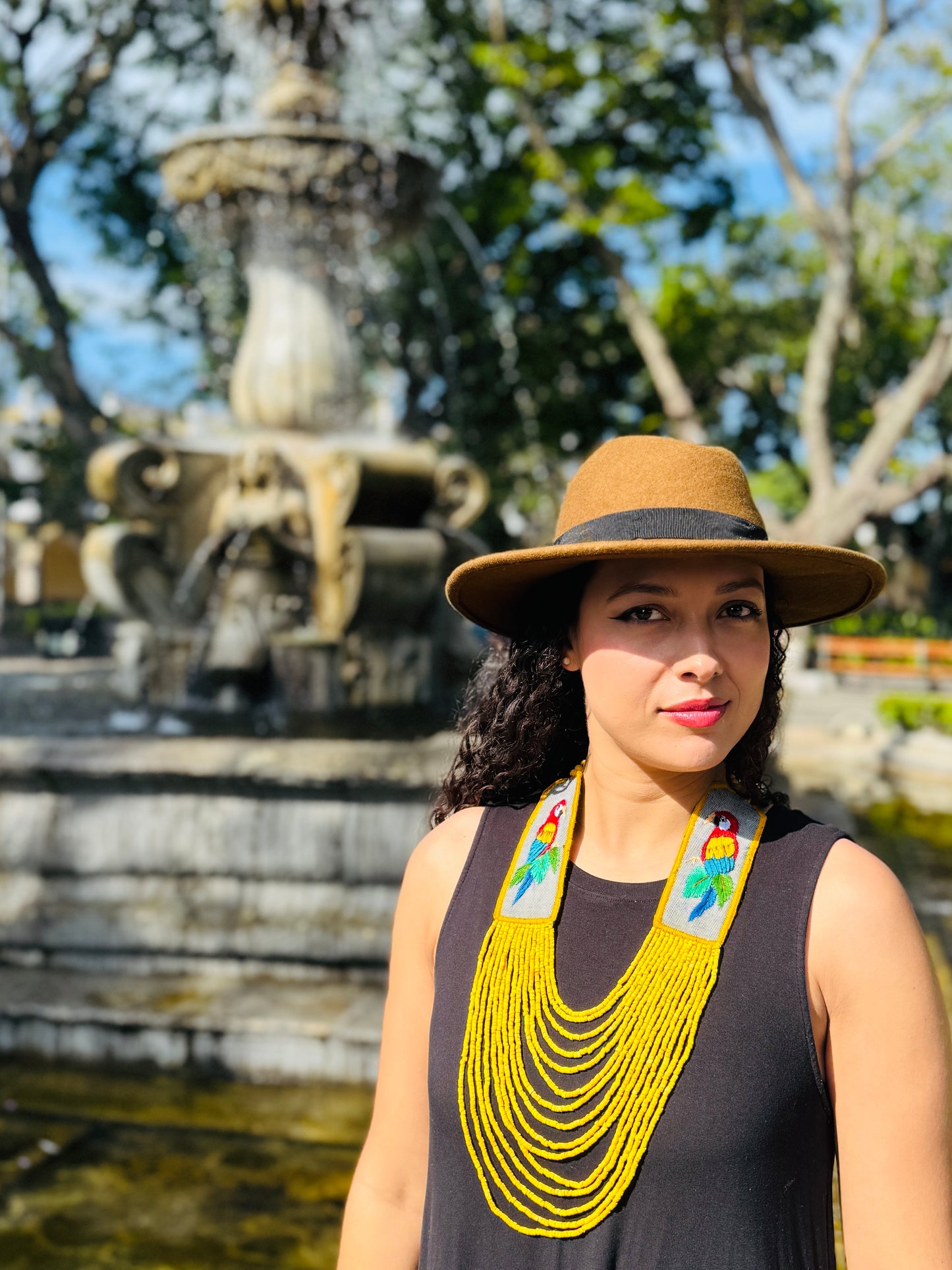 Adjustable Necklace with Guatemalan Bird Guacamaya Embroidery from Santiago with Ceramic Beads, yellow