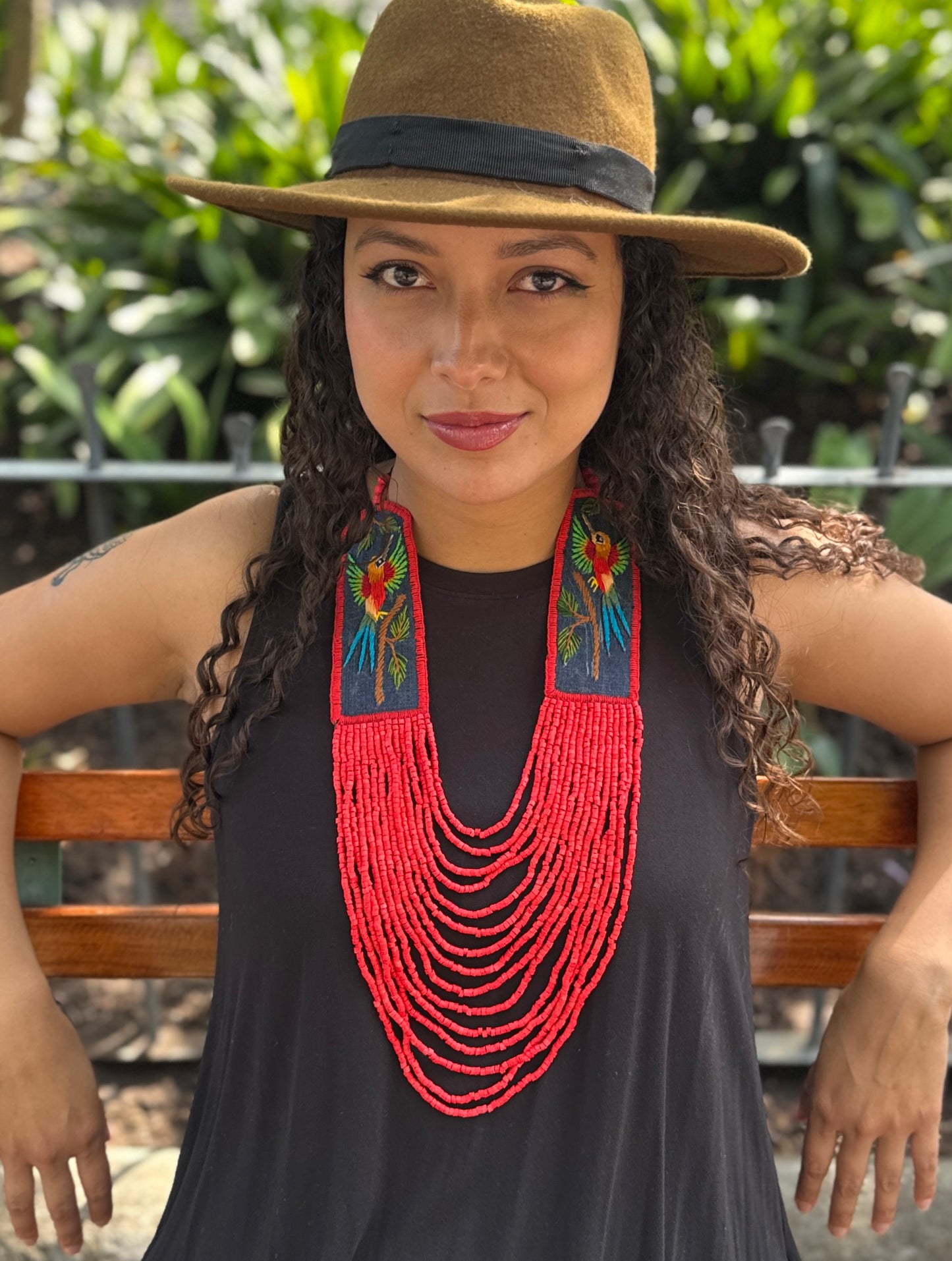 Adjustable Necklace with Guatemalan Bird Colibri Embroidery from Santiago with Ceramic Beads, red