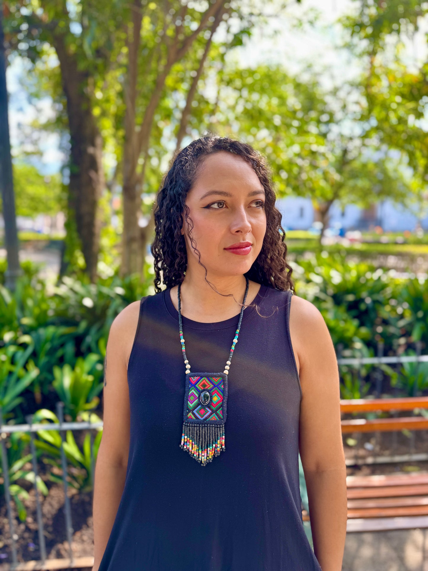 Vintage Chichicastenango Textile Pendant Necklace with Jade & Bead Fringe, black
