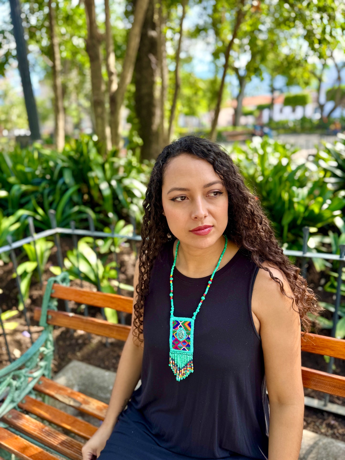 Vintage Chichicastenango Textile Pendant Necklace with Jade & Bead Fringe, turquoise green jade